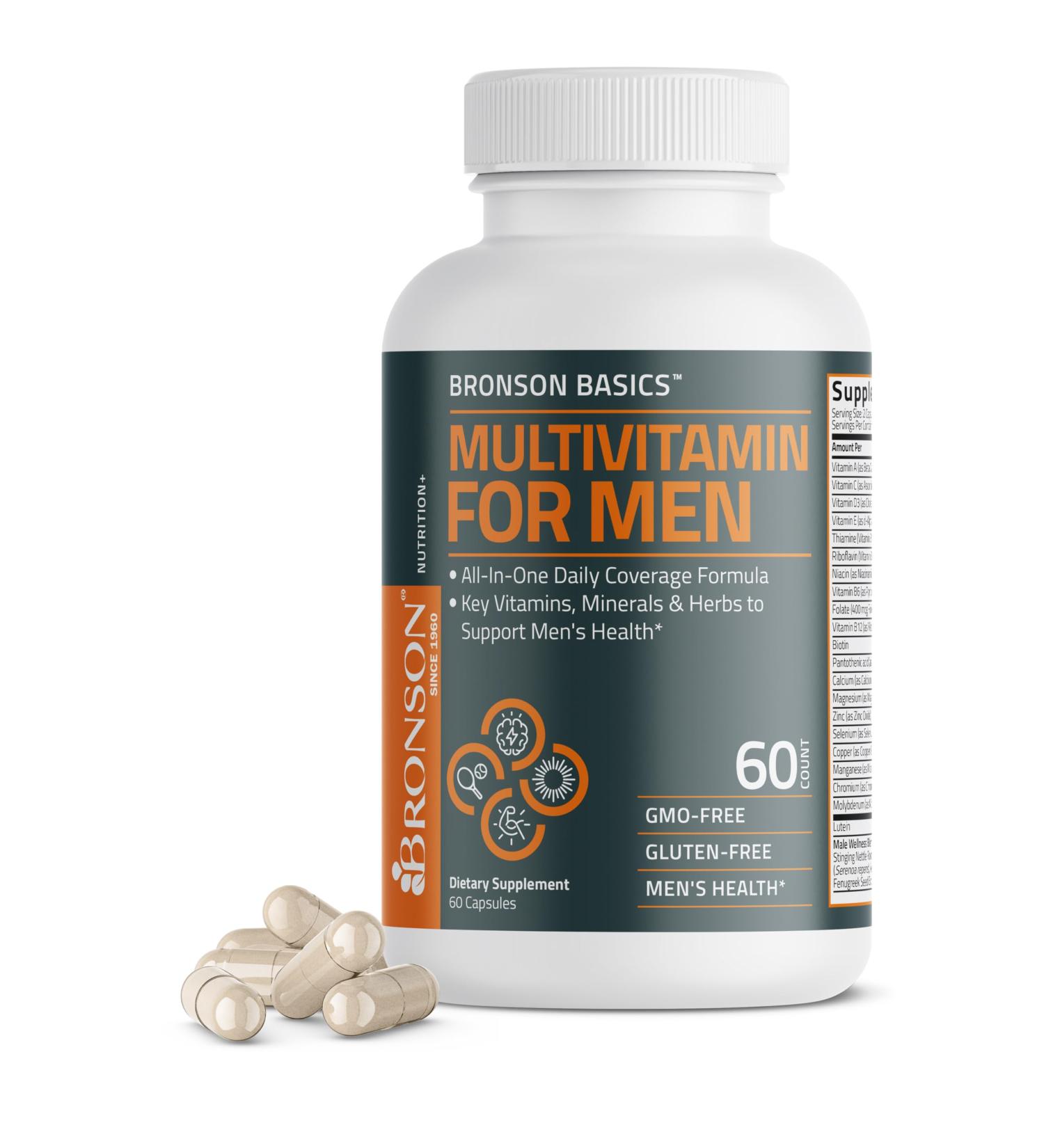 Bronson Multivitamin for Men All-in-One Daily Coverage Formula Key Vitamins, Minerals & Herbs to Support Men's Health, 60 Capsules 60 Count (Pack of 1) - Buy Online on GoSupps.com