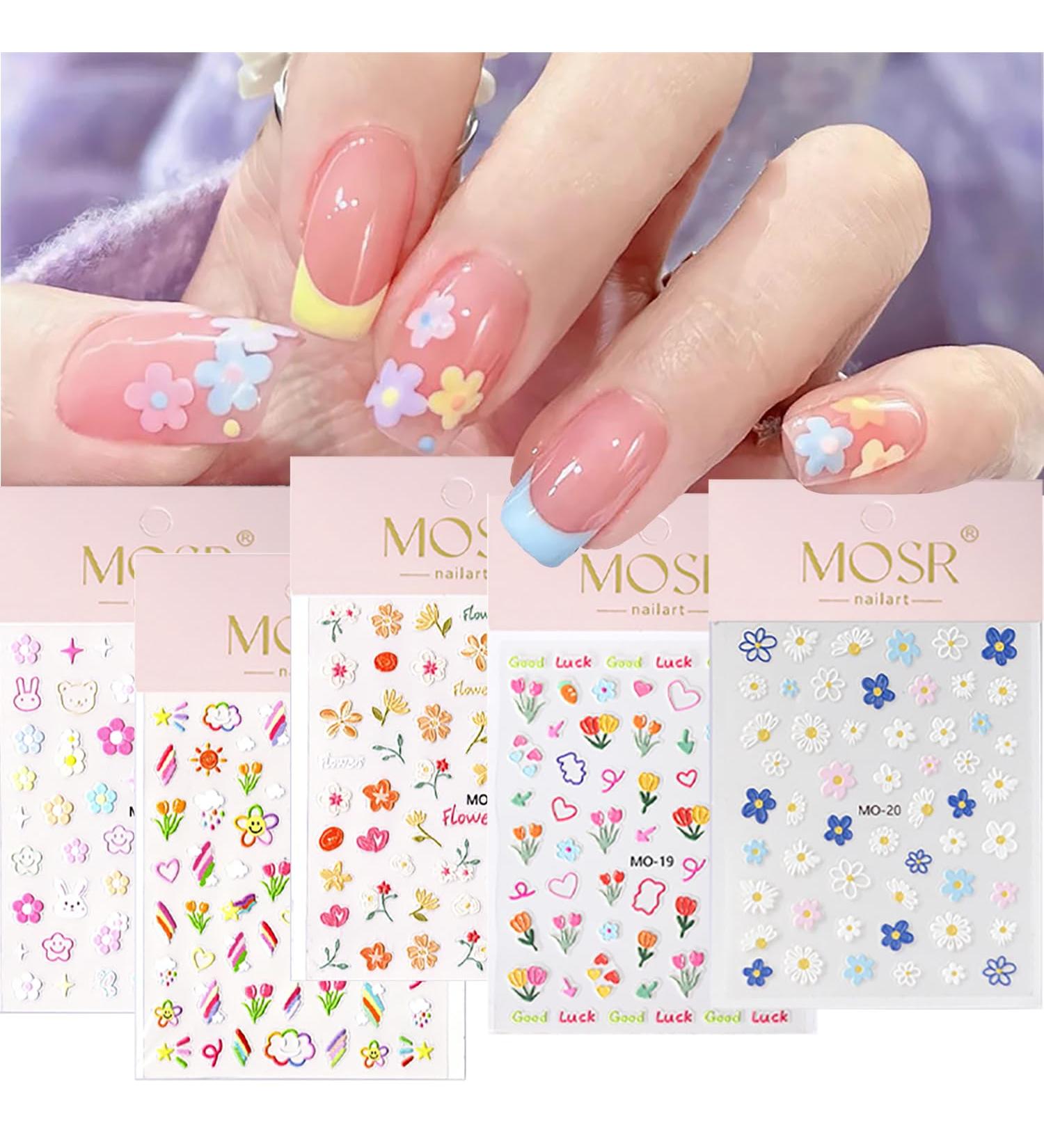 SHUBEIEUMI Nail Stickers for Nail Art 5 Sheets 3D Embossed Spring Flowers Nail Art Stickers Decals Self-Adhesive Nail Supplies Nail Art Decoration Accessories - Buy Online on GoSupps.com