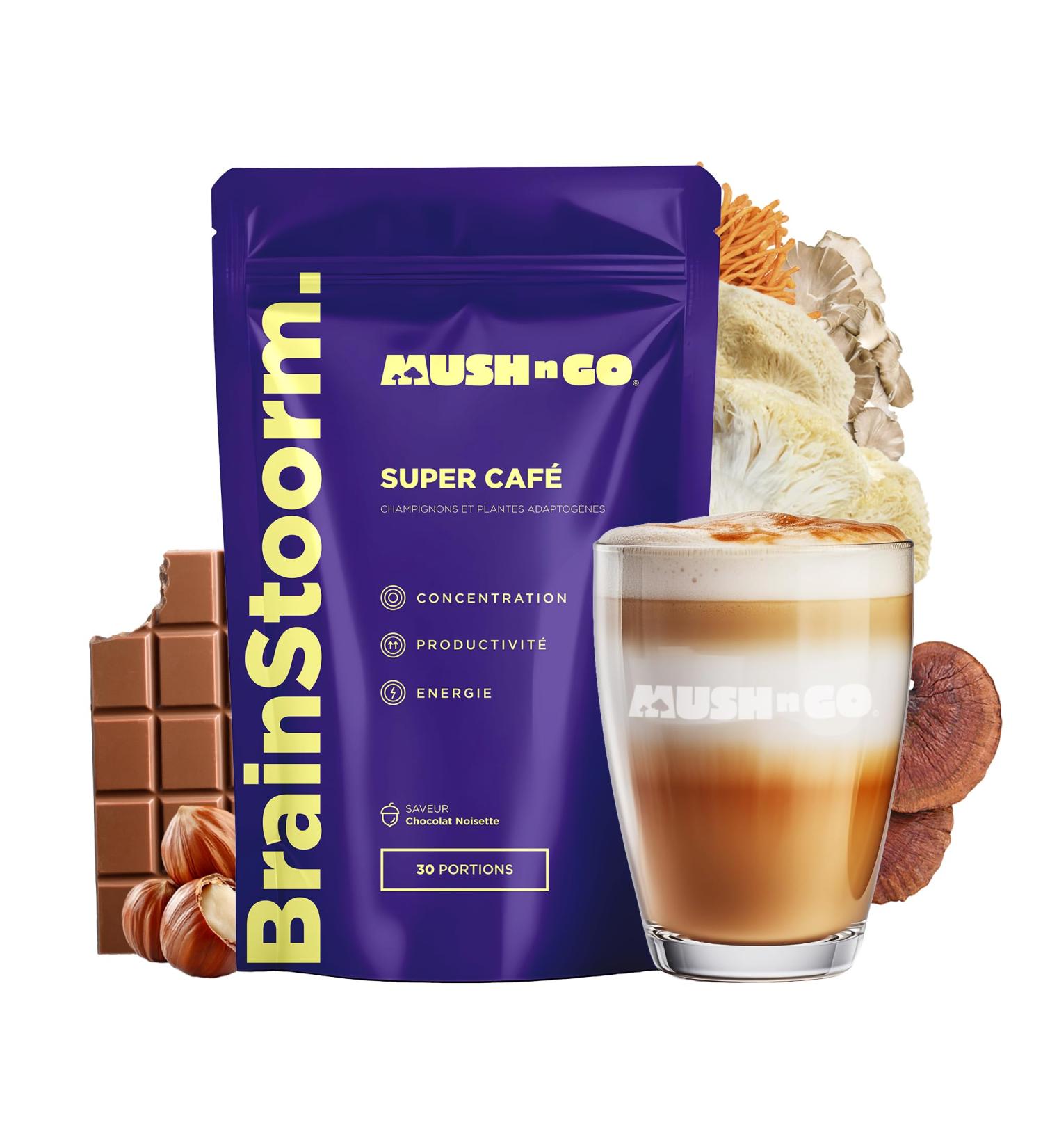 Brainstoorm Mushngo - Super Adaptogenic Mushroom Coffee: Lion's Mane Cordyceps Chaga - Vegan - Focus Energy Mental Clarity - 30 x 8g cups - Buy Online on GoSupps.com