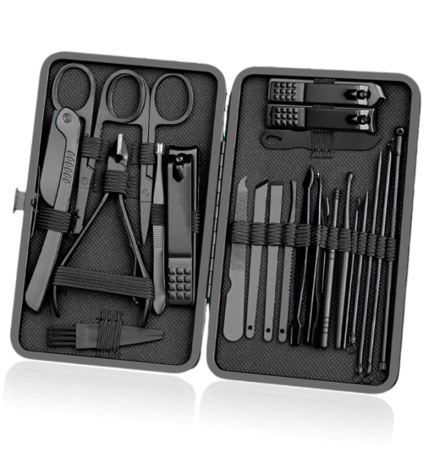 Barley Direct Manicure & Pedicure Set - 24 Professional Nail Care Tools Stainless Steel & Black Leather for Travel - Buy Online on GoSupps.com