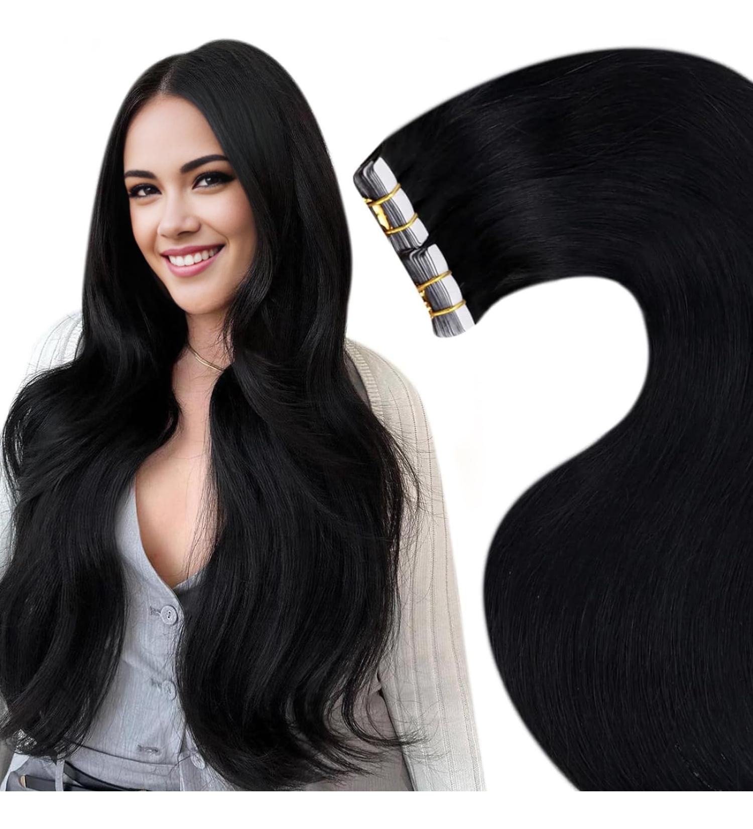 Laavoo Invisible Tape Extensions - 65cm Black Real Hair 20pcs Skin Weft Tape-In Extensions | Premium 100% Human Hair - Buy Online on GoSupps.com