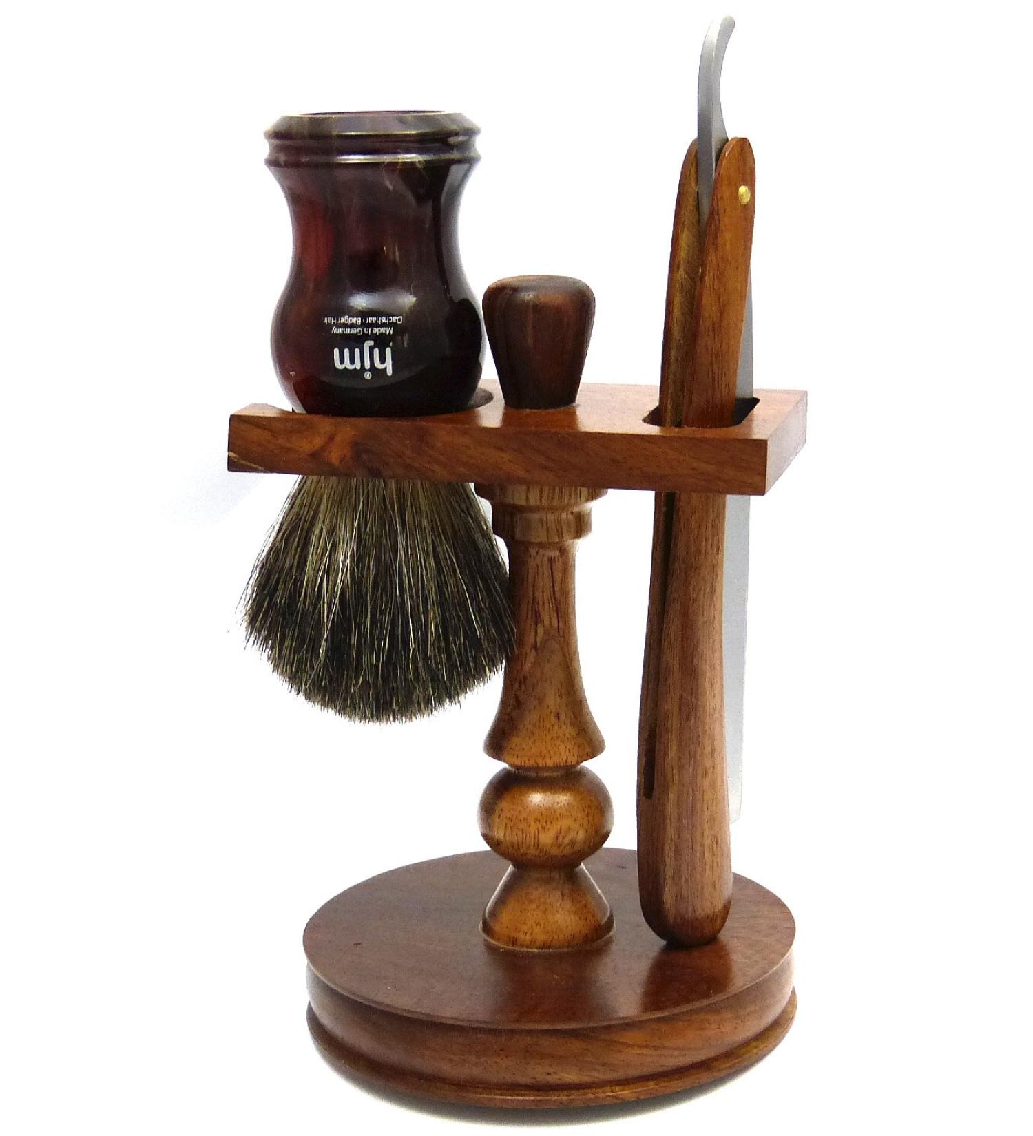 Country house wooden shaving set 3-piece: badger hair shaving brush razor and wooden holder