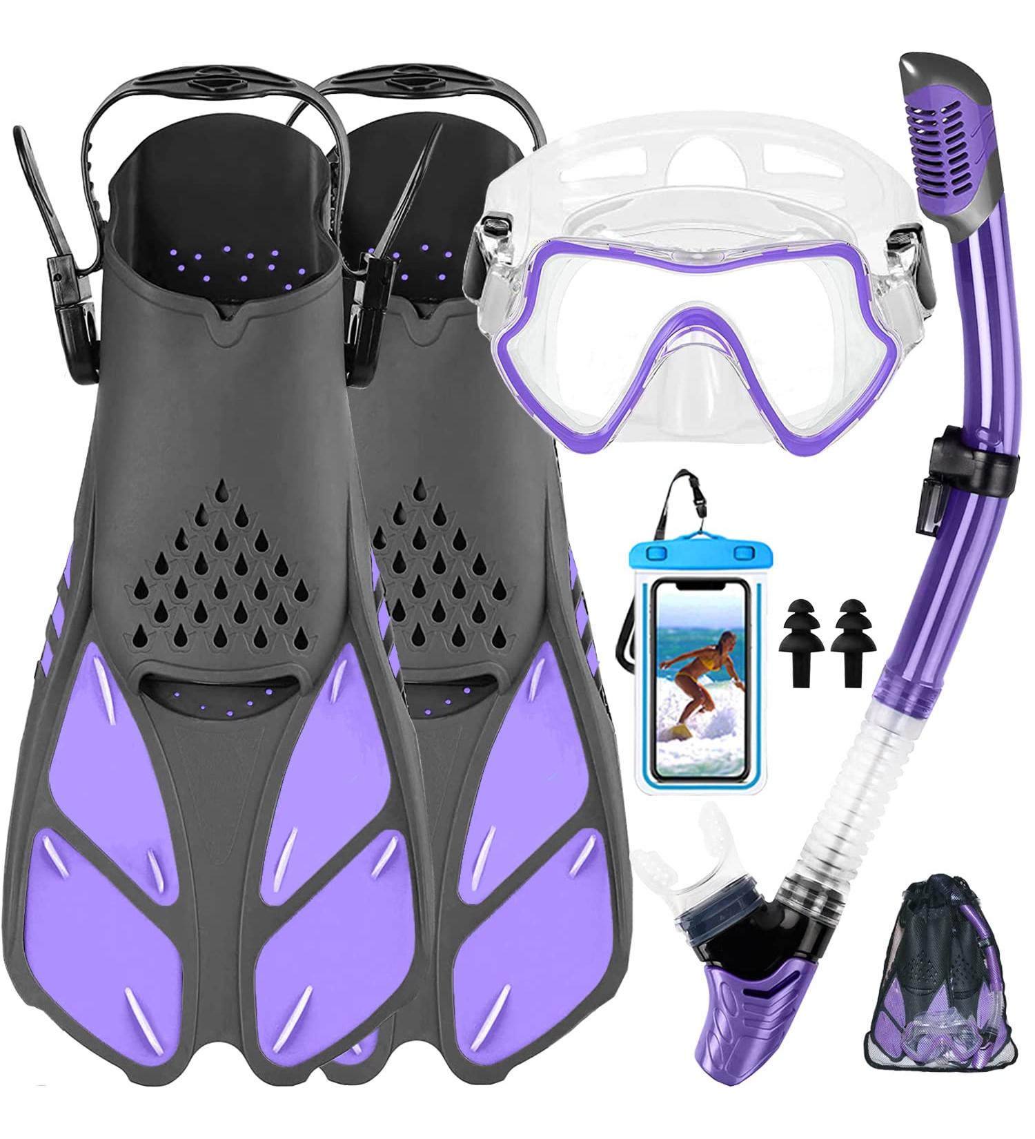 Happyouth 6 in 1 Snorkel Set with Panoramic View Mask, Trek Fin, and Dry Top Snorkel - Purple, S/M (US Size 4.5-8.5) - Buy Online on GoSupps.com