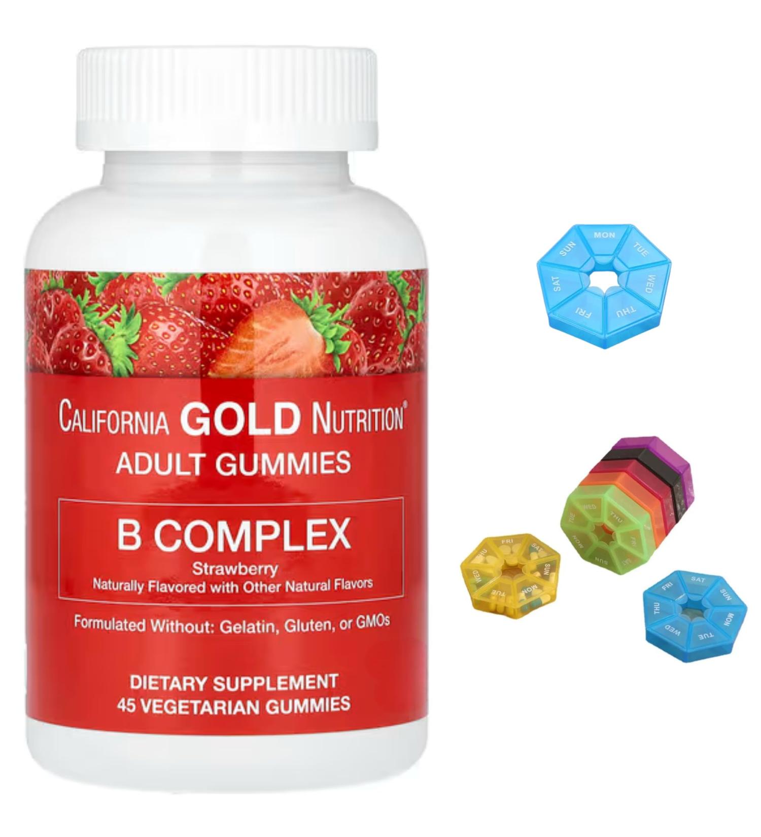 B Complex Gummies Compatible With California Gold Nutrition Strawberry 45 Vegetarian Gummies + Bonus Pill Organizer Weekly Pill Organizer Mini - Buy Online on GoSupps.com