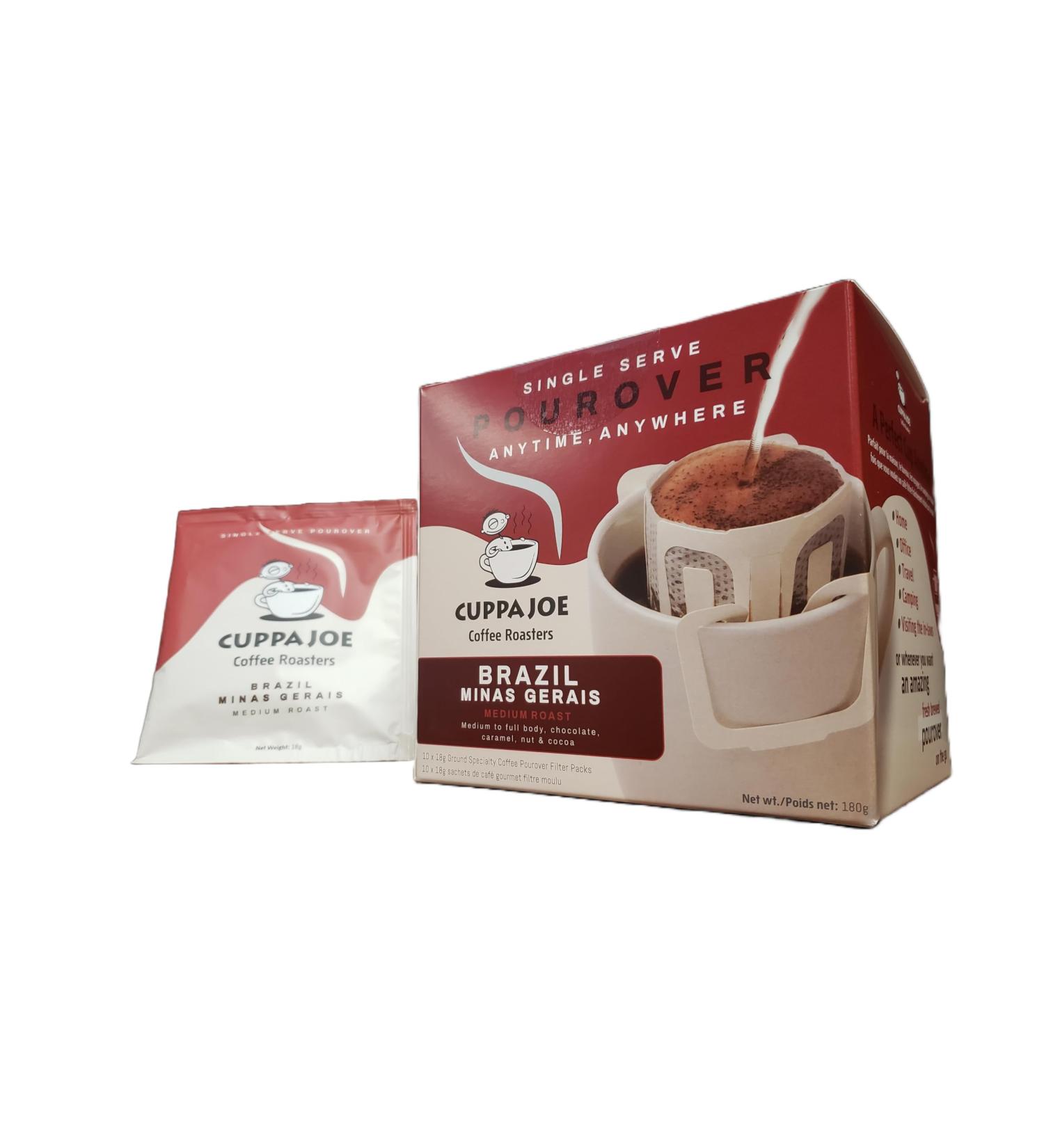 CuppaJoe Coffee Roasters Single Serve Pour Over Brazil Seven Falls Medium Roast Ground Coffee Filter Packs 8 x 18g - Buy Online on GoSupps.com