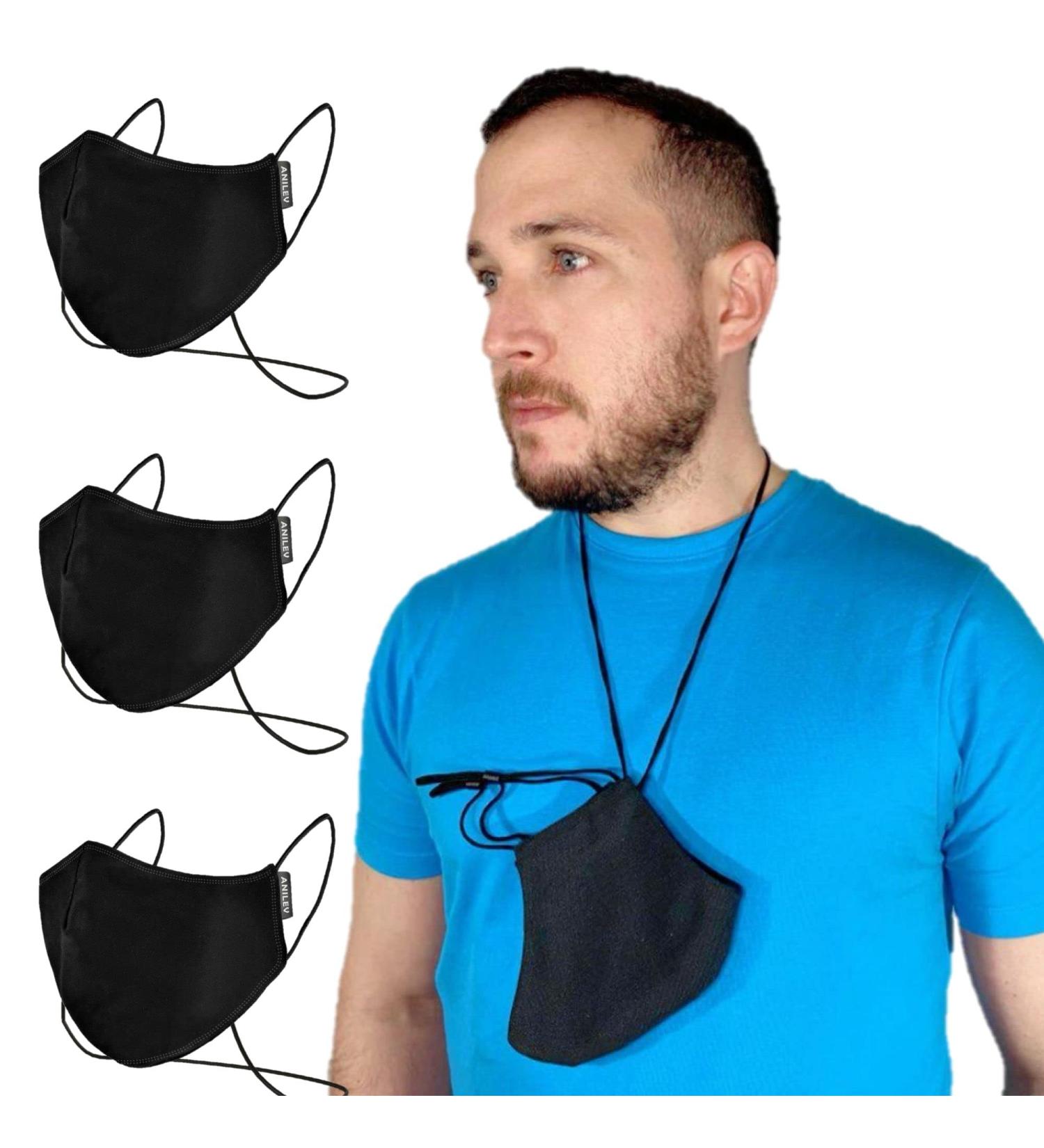 Anilev Set: 3 Washable Reusable Face Masks | Black Fabric | 3-Layer Regulation | Sizes S M L | International Shipping from Spain - Buy Online on GoSupps.com