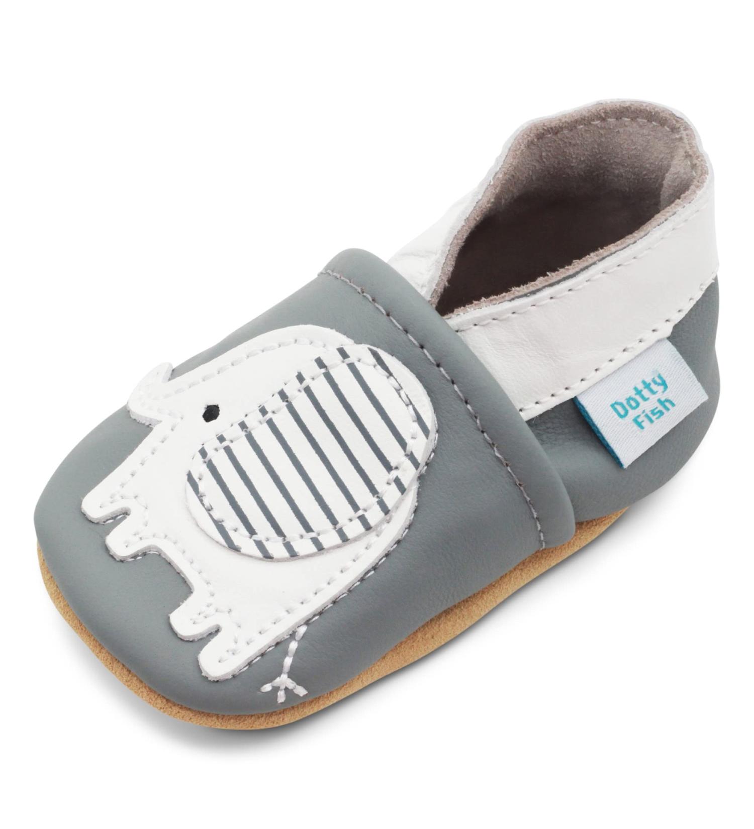 Dotty Fish Soft Leather Baby Shoes | Non Slip | Animal Designs | Boys & Girls | 0-6 Months to 4-5 Years | Grey Elephant - Buy Online on GoSupps.com