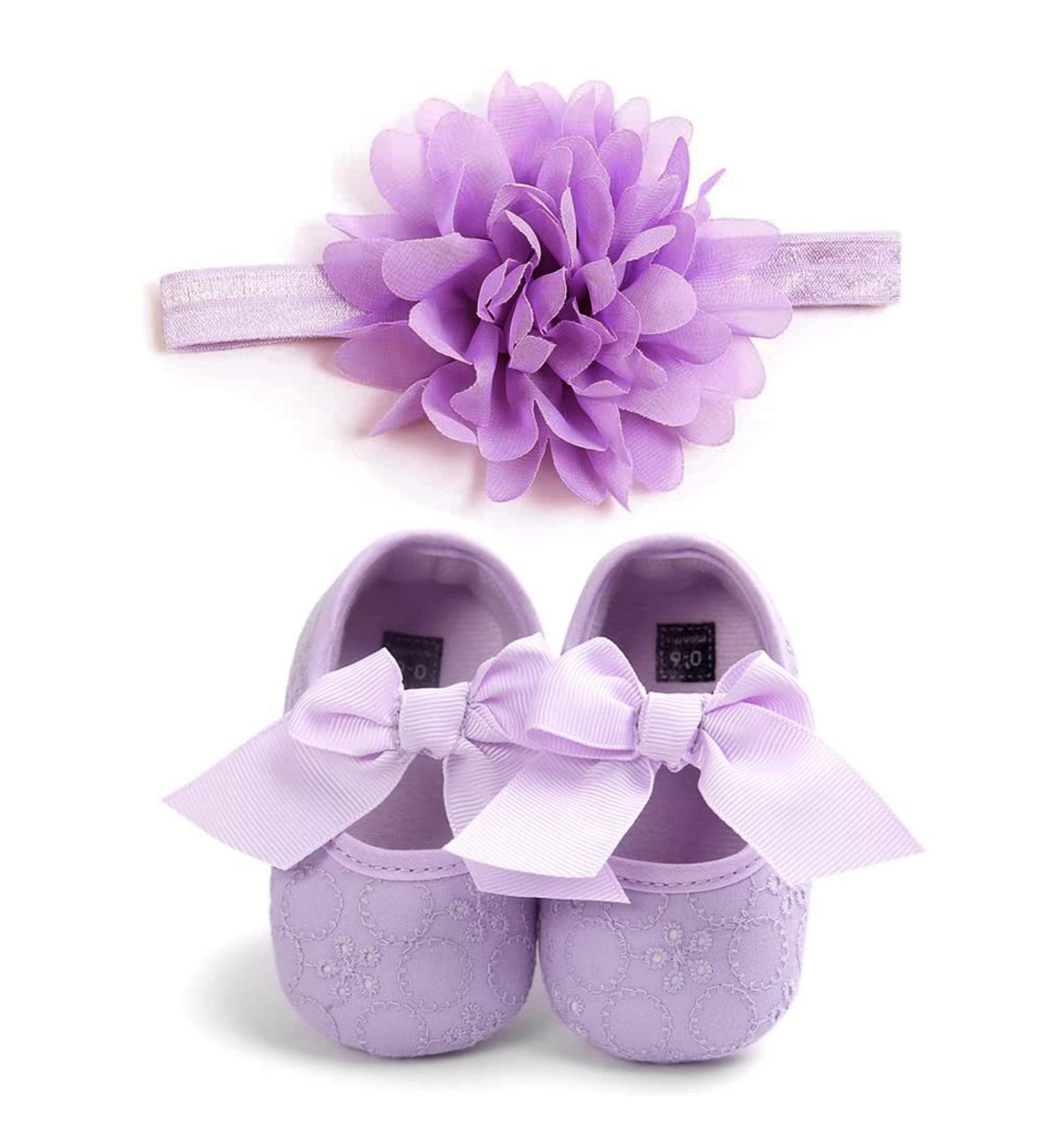 Baby Girl's First Walking Shoes Mary Jane Flats | Soft Anti-Slip Princess Shoes with Bow-Knot | Purple 12-18 Months - Buy Online on GoSupps.com