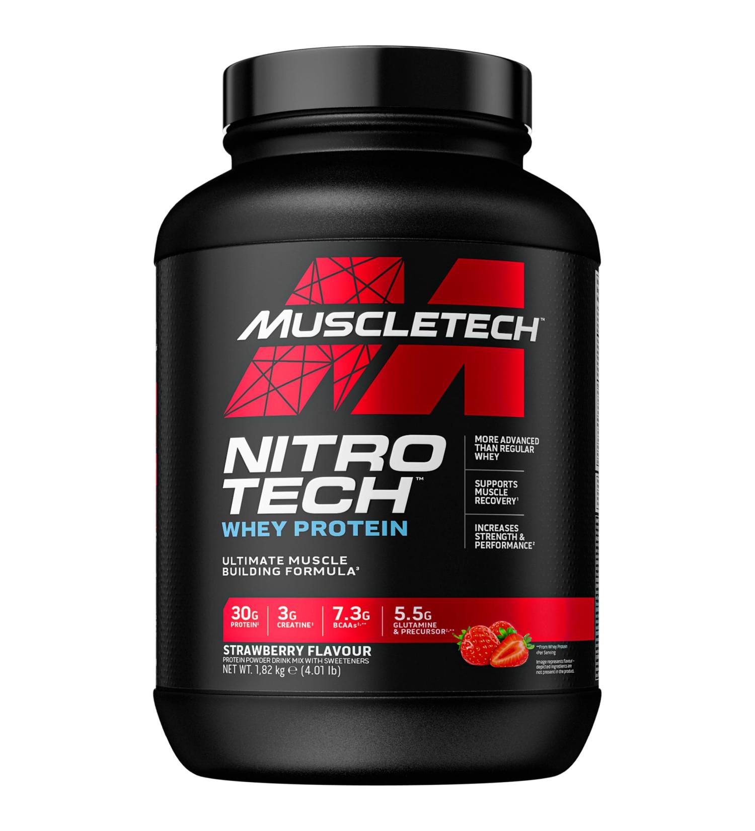 MuscleTech NitroTech Whey Protein Powder Muscle Maintenance & Growth Whey Isolate Protein Powder With 3g Creatine Protein Shake For Men & Women 7.3g BCAA 40 Servings 1.8g Strawberry Strawberry 40 Servings (Pack of 1) - Buy Online on GoSupps.com