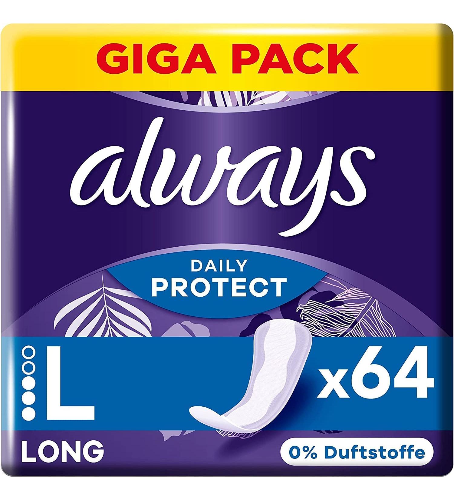Always Dailies Protect Long Panty Liners for Women - 64 Unscented & Breathable Pads - Gigapack Flexible Comfort - Buy Online on GoSupps.com