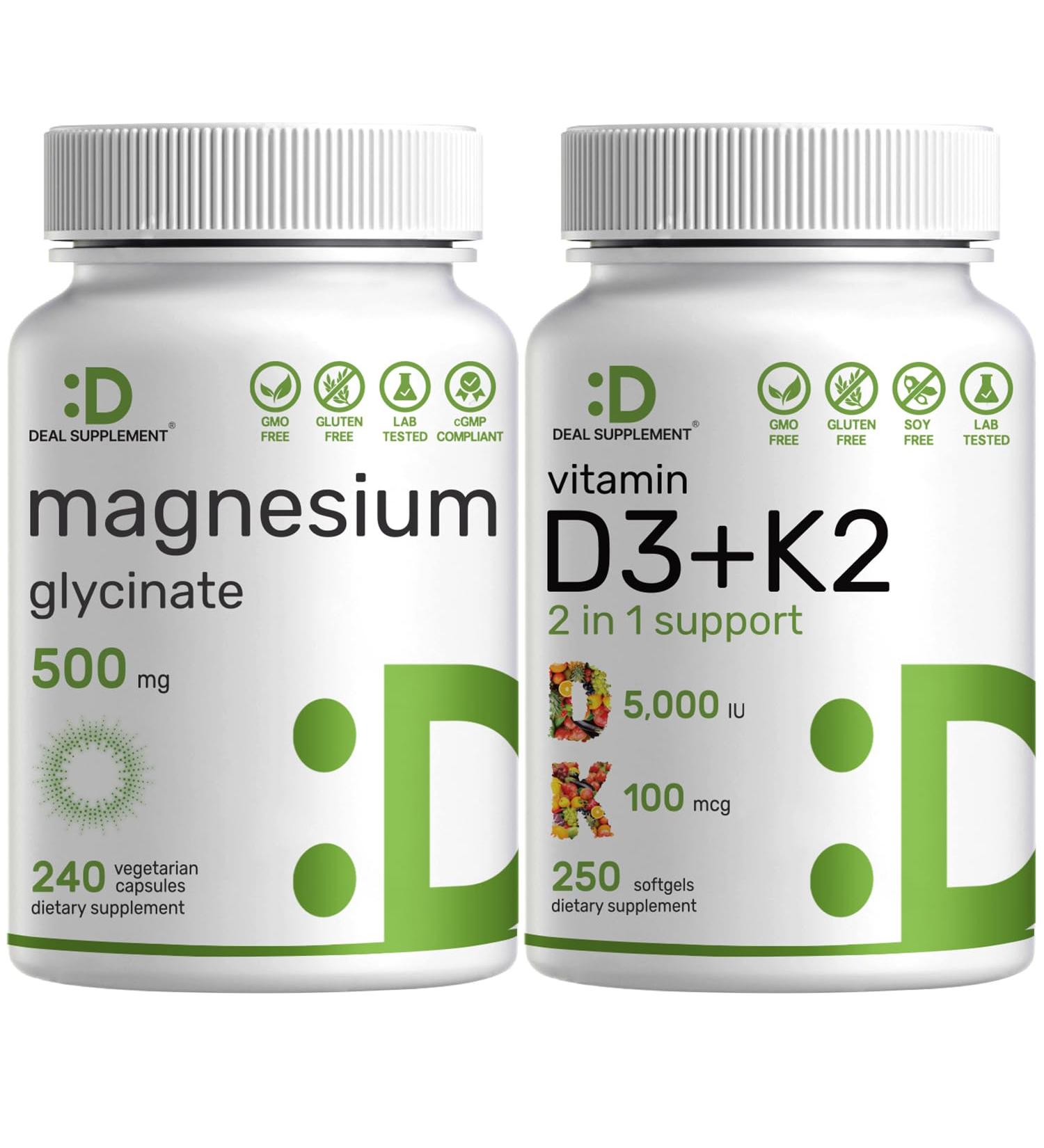 Magnesium Glycinate 500mg Veggie Capsules & Vitamin D3 5 000iu + K2 100mcg Softgels Bundle Easily Absorbed Chelated Mineral D & K Essential Sunshine Vitamins - Buy Online on GoSupps.com