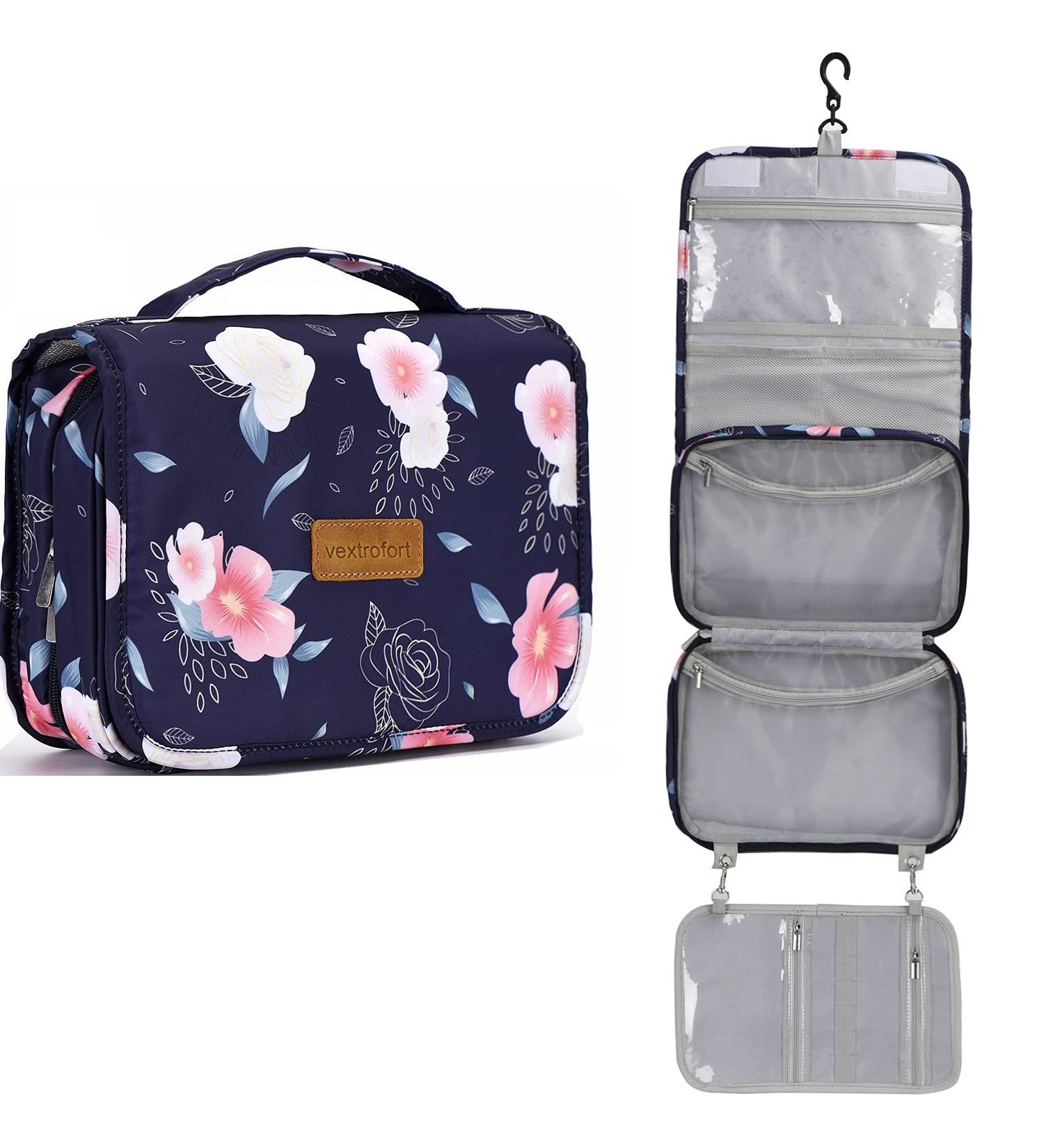 Women's Large Hanging Travel Toiletry Bag - Water-Resistant Makeup Organizer for Cosmetics/Brushes (Blue Flower) - Buy Online on GoSupps.com