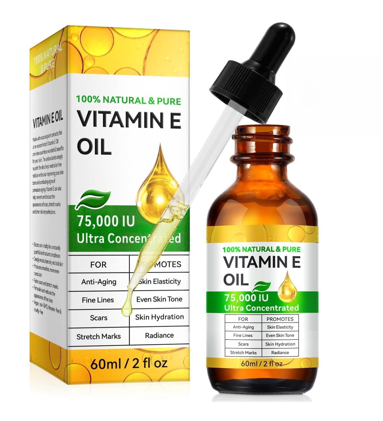 Pure Vitamin E Oil for Skin Scars Face Body Hair 75 000 IU 100% Natural Vit E Oil for Moisturizing Winkles Dry Skin Blend Body Bath Stretch Marks 2Fl Oz 2 Fl Oz (Pack of 1) - Buy Online on GoSupps.com