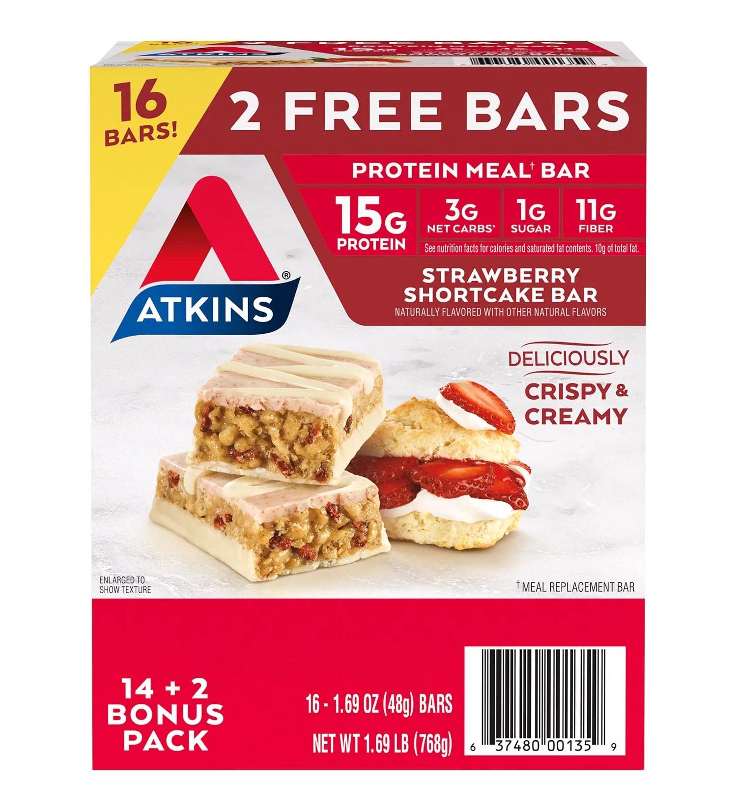 Atkins Strawberry Shortcake Protein Meal Bar (14 Count + 2 Bonus Bars)