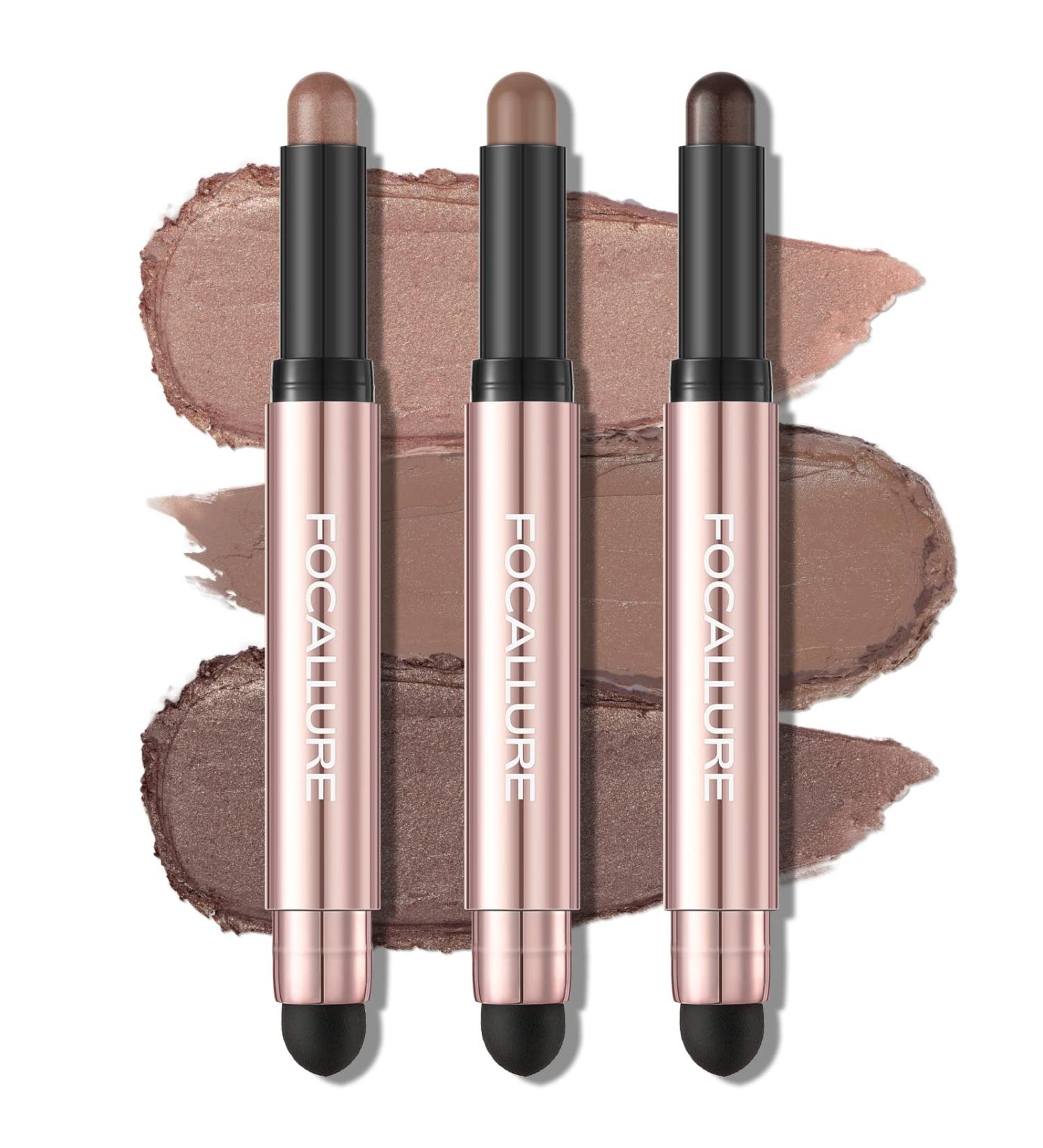 FOCALLURE 3 Pcs Eyeshadow Stick Set - Shimmer/Matte Eye Shadow Crayons with Blending Sponge Brush for Long-Lasting Waterproof Brightening Makeup - Buy Online on GoSupps.com