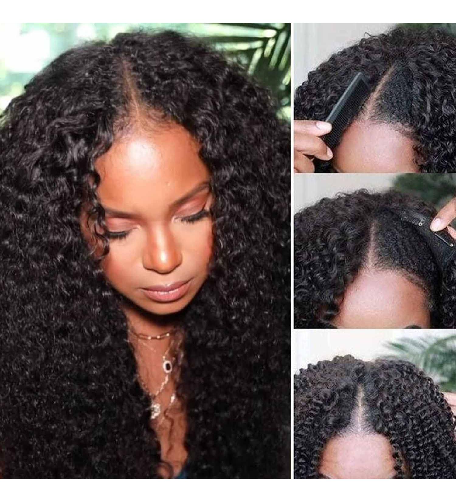 26 Inch Curly Lace V Part Human Hair Wig - No Leave Out, Brazilian Virgin Hair, No Glue Needed - Natural Color - Buy Online on GoSupps.com