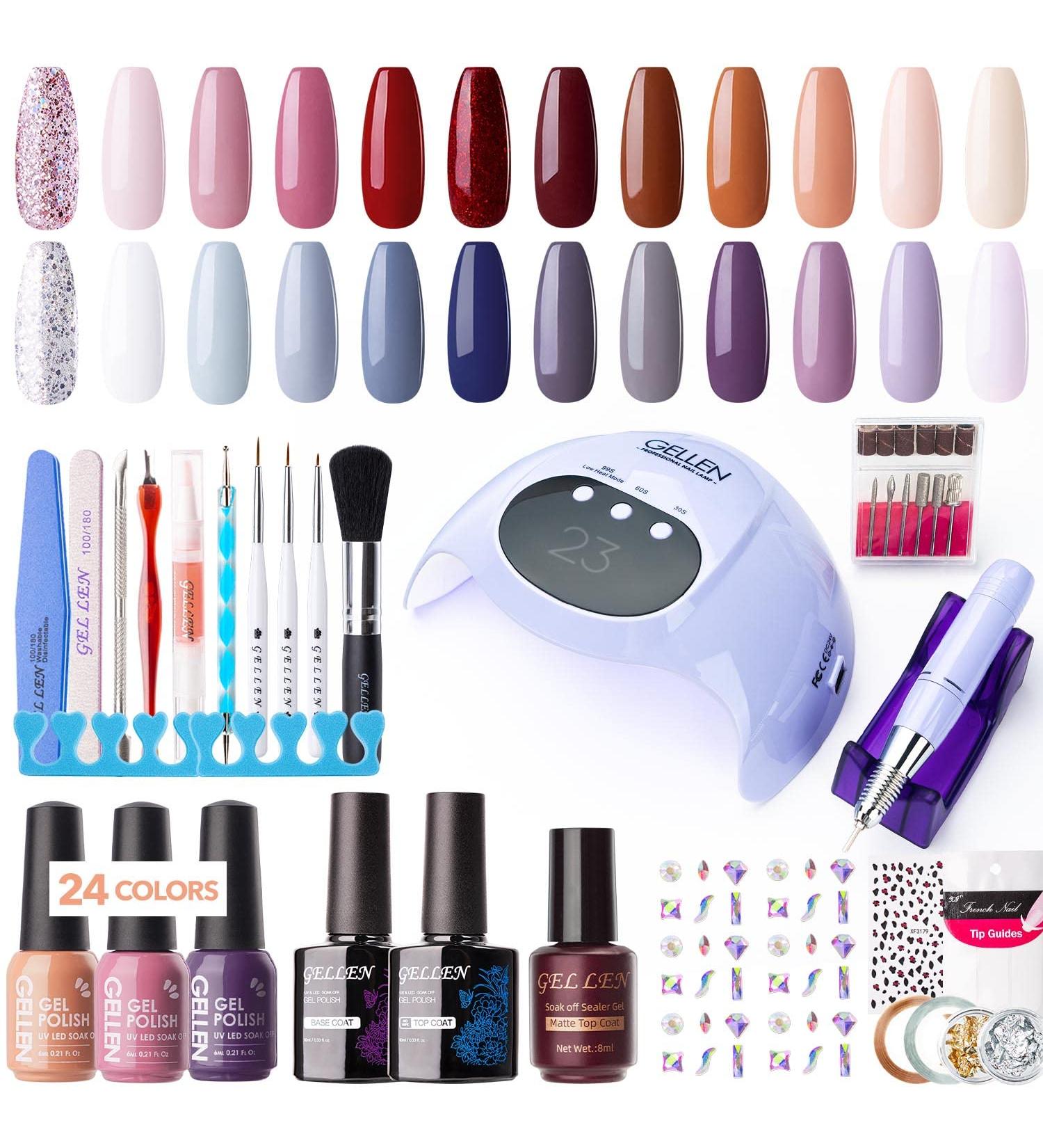 Gellen 24 Colors Gel Nail Kit with UV/LED Light, 72W Nail Dryer, Nail Drill, Base & Top Coat All-In-One Manicure Gift Set for Nail Art Designs, Glitter Starter Set - Fire & Ice - Buy Online on GoSupps.com