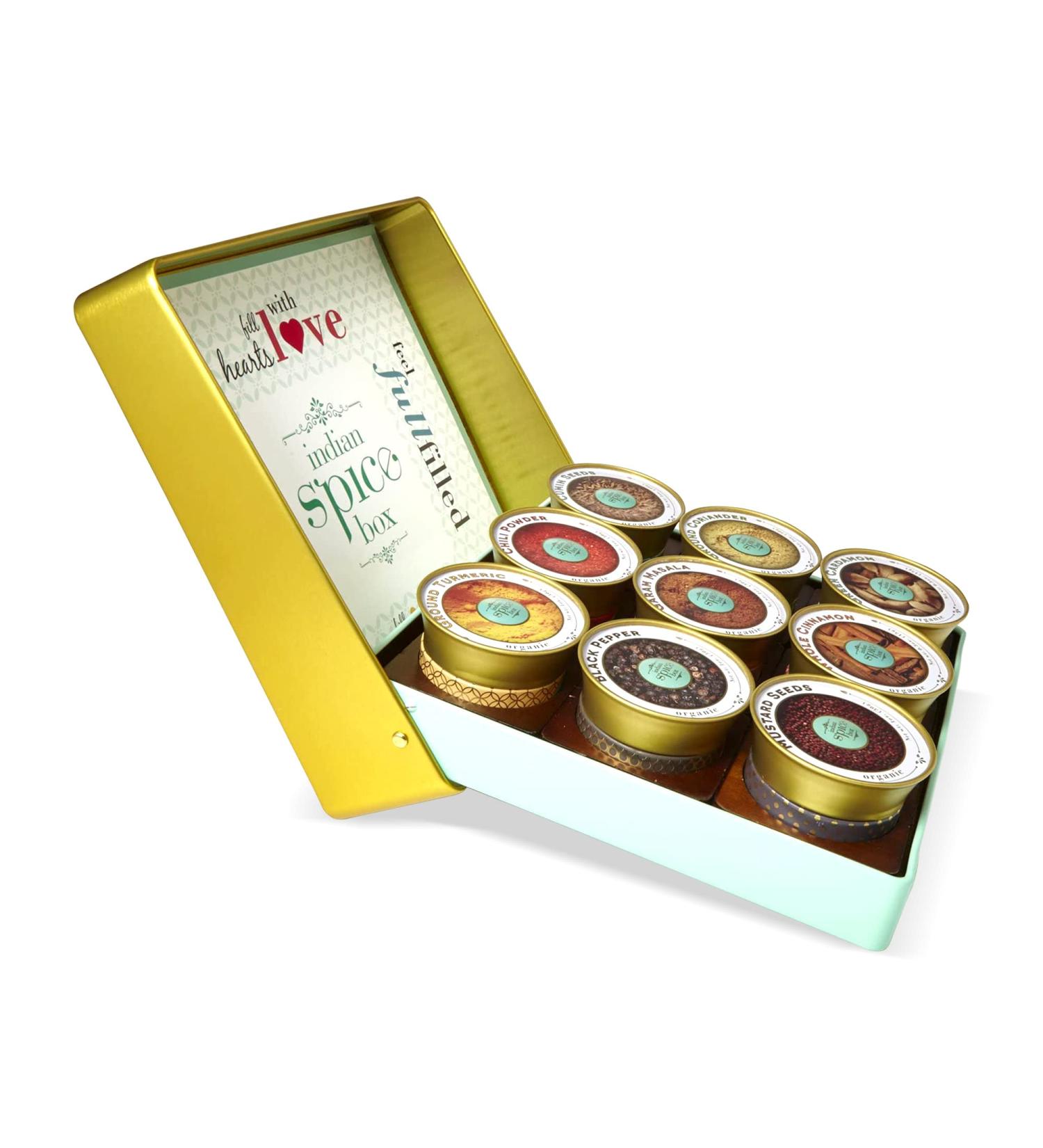 Indian Spicebox Kit Gold: 9 Organic Spices, Cookbook with 30+ Recipes, Masala Dabba, Seasonings - Cooking Gift Set for Women, Men, Chef - Buy Online on GoSupps.com