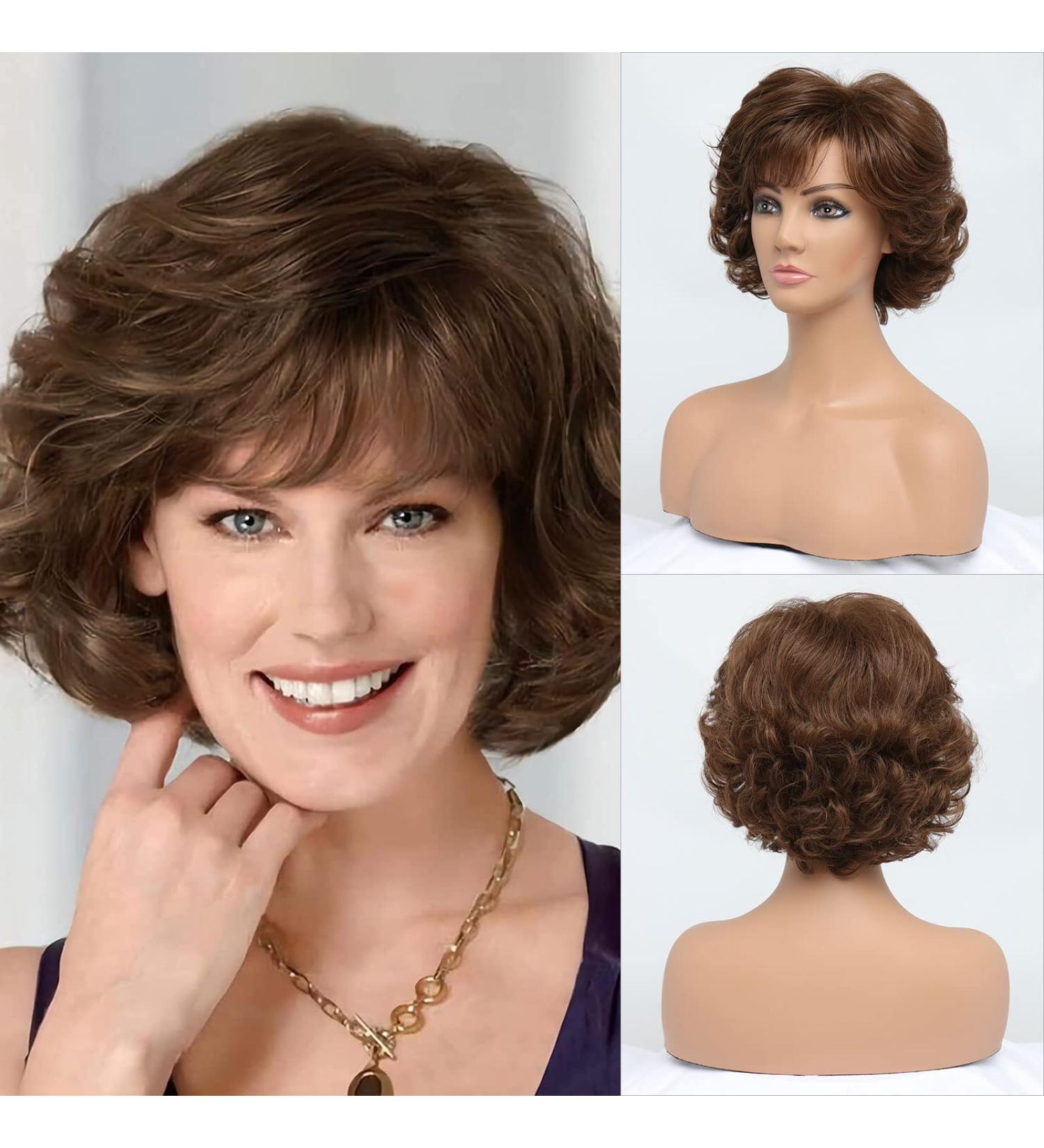 BESTUNG Dark Brown Curly Wavy Ladies Wig with Bangs for Middle-Aged Women - Premium Synthetic Fashion Hair Wig for Women (Dark Brown) - Buy Online on GoSupps.com
