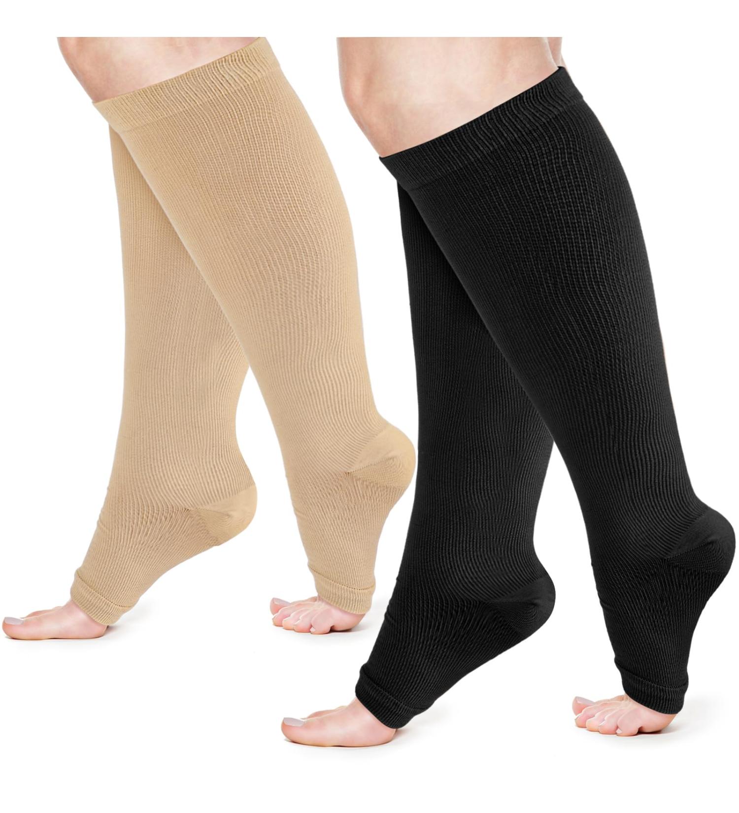 2 Pairs Plus Size Compression Socks for Women - Open Toe Knee High 15-25mmHg | Supportive Flight Stockings (XXL Black/Beige - Buy Online on GoSupps.com