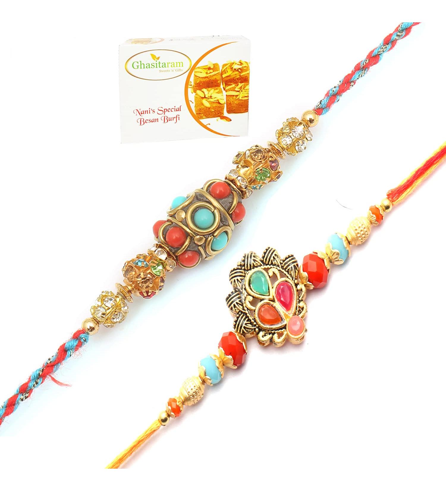 Ghasitaram Gifts Rakhi for Brother Rakhis Online - Set of 2 Beautiful Colours and Blue Ethnic Premium Rakhis with 400 GMS of Besan Barfi - Buy Online on GoSupps.com