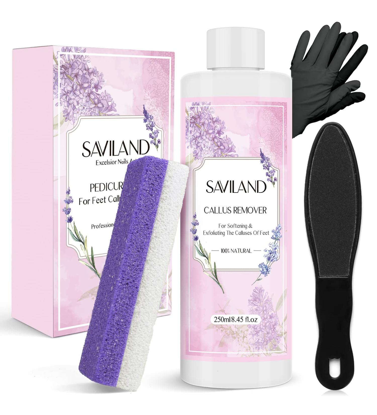 Saviland Callus Remover Kit - 8.45 fl Oz Gel for Dead Skin Removal with Foot File, Scrubber, Pumice Stone, and Gloves - Pedicure Set for Foot Care and Spa Treatment at Home - Buy Online on GoSupps.com
