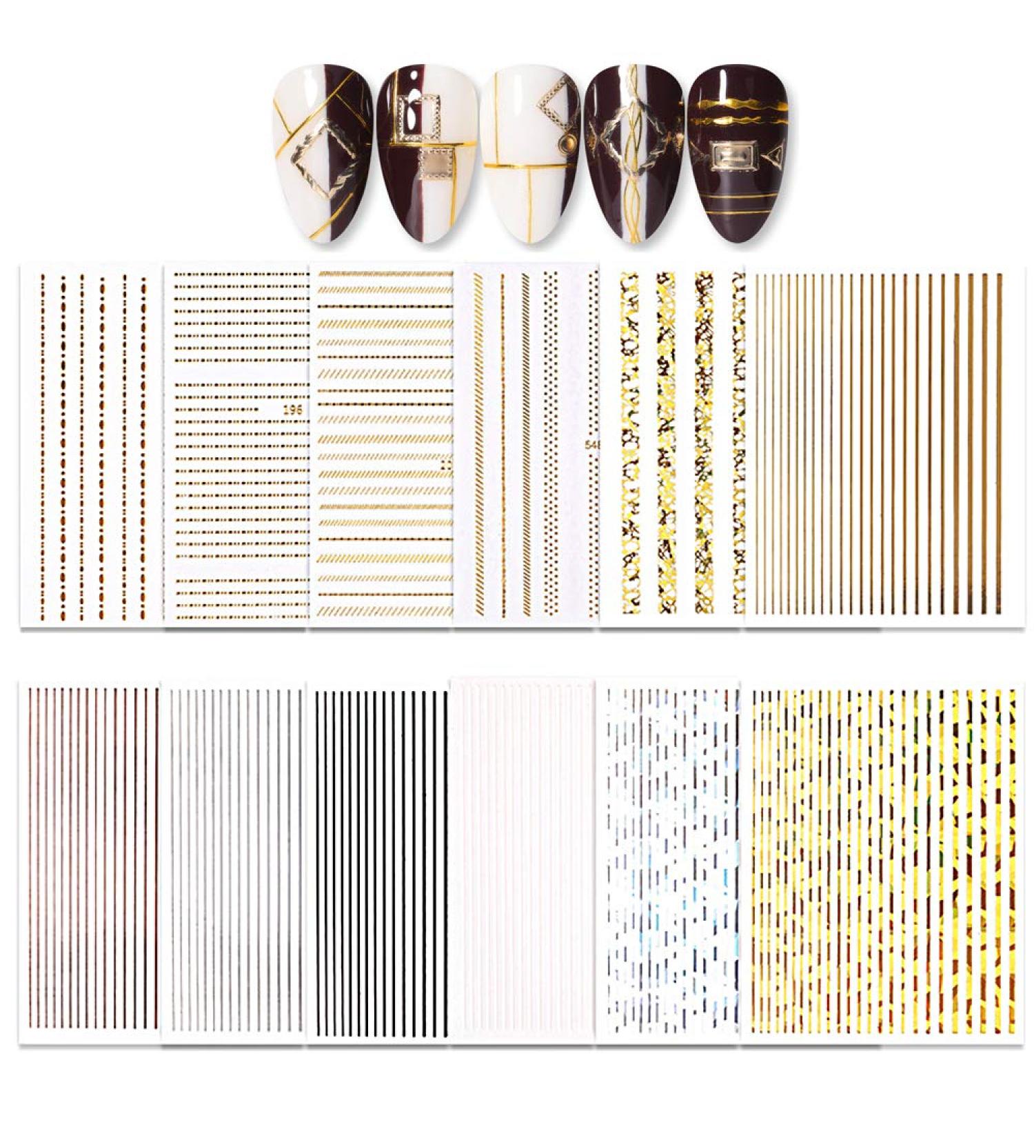 JAKSSO 3D Metallic Nail Stickers - 12 Sheets Gold Silver Nail Decals for Acrylic Nails - DIY Nail Art Chains, Stripes, Lines - Manicure and Salon - Buy Online on GoSupps.com