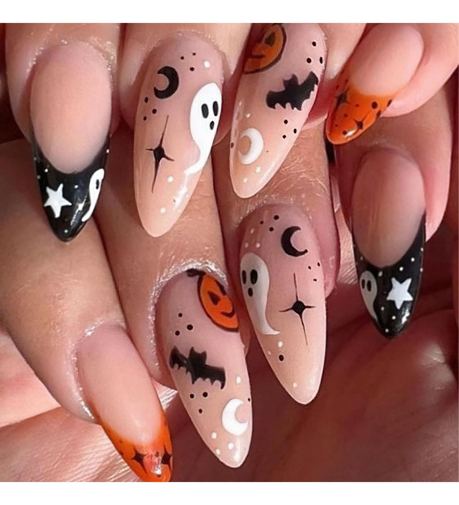 Buy Halloween French Tip Press on Nails - Medium Almond Glossy Nude with Pumpkin Ghost Bat Designs | 24Pcs Cute Spooky Stick on Nails for Women & Girls - Buy Online on GoSupps.com