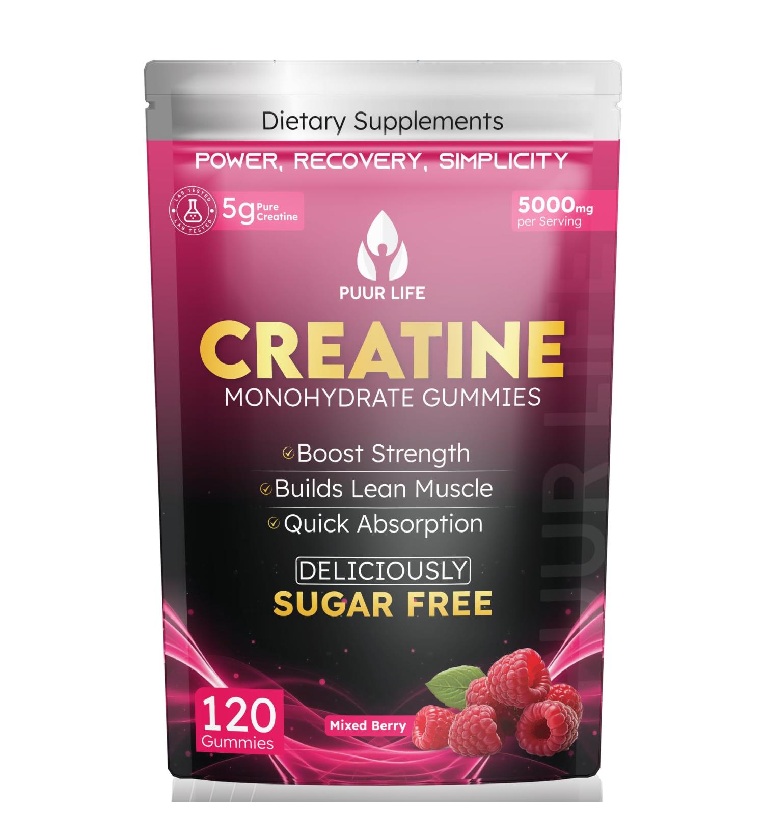 PUUR LIFE Creatine Monohydrate Gummies 5000mg 5g per Serving Sugar Free Vegan Creatine Supplement for Men & Women Muscle Growth Strength Recovery & Energy 120 Count Mixed Berry Flavor - Buy Online on GoSupps.com