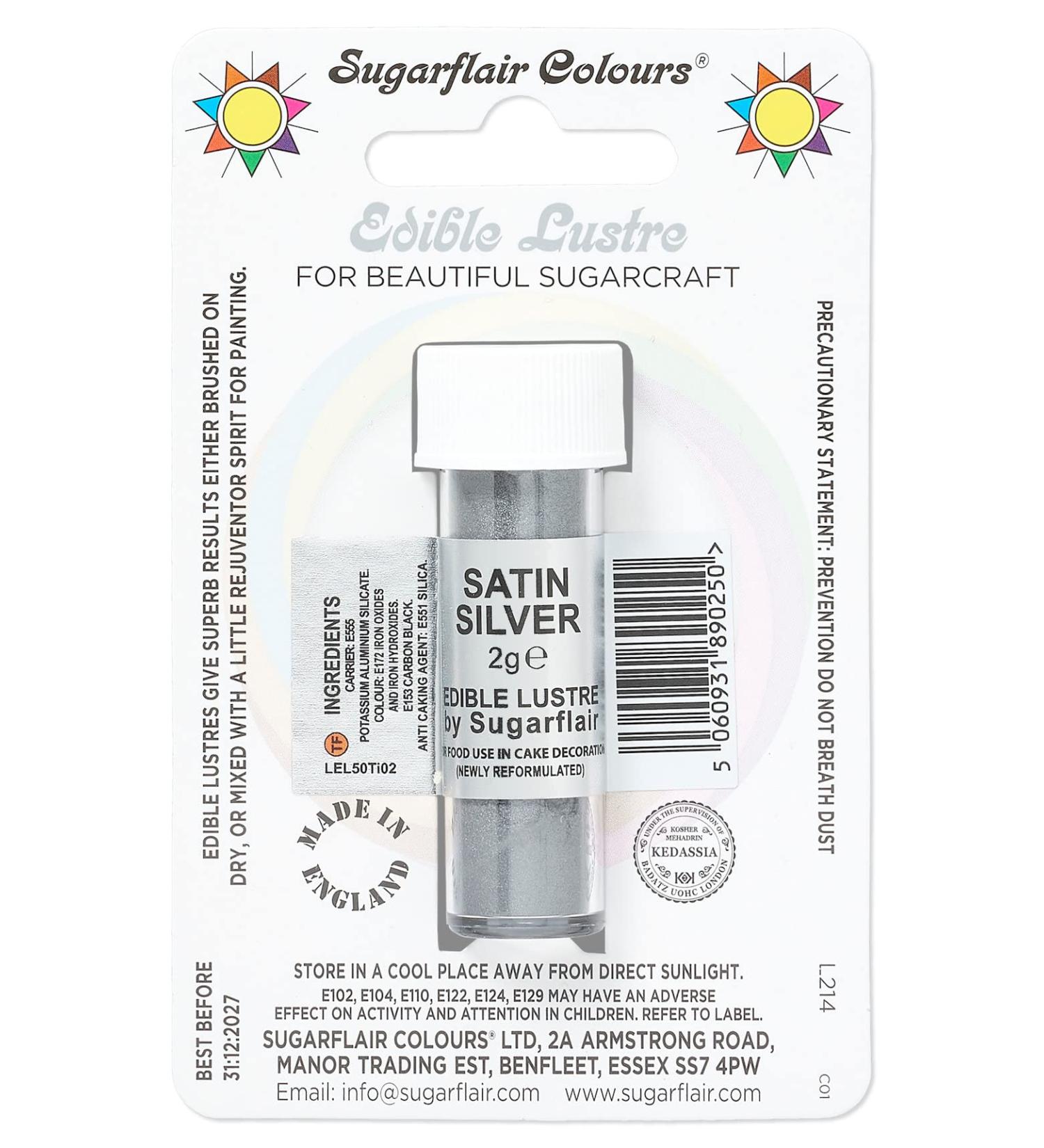 Sugarflair Satin Silver Edible Lustre Dust (E171 Free) Add a Lustrous Shine to Cakes or Decorations. Brush On or Add Rejuvenator to Create Eye-Catching Edible Paint- 2g