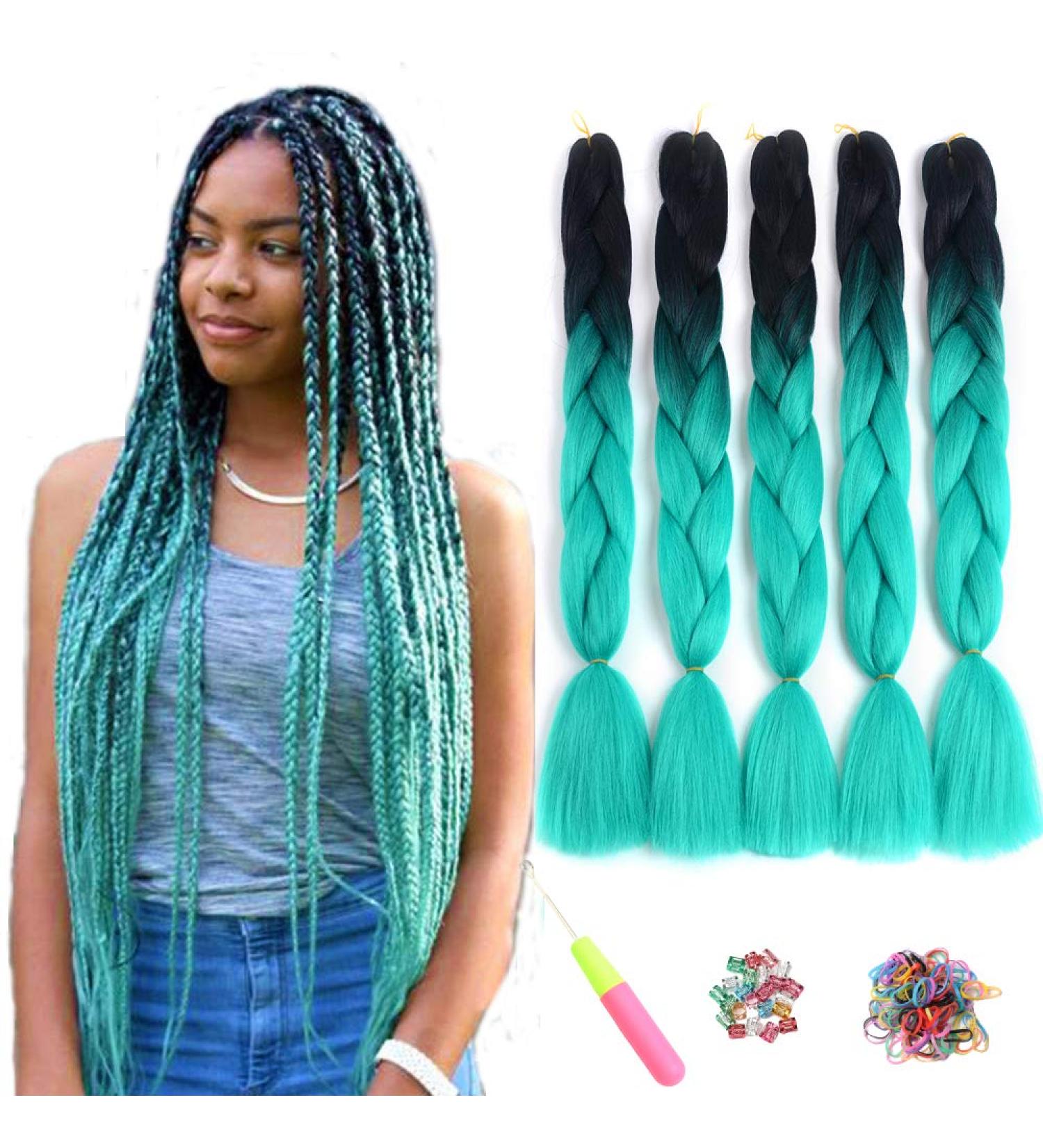 Showjarlly Jumbo Braid Art Hair Extensions - 24 Inch Ombre KanKal n Braid Extensions (5 Pack) for Crochet & Box Braids - Black/Cyan - Buy Online on GoSupps.com