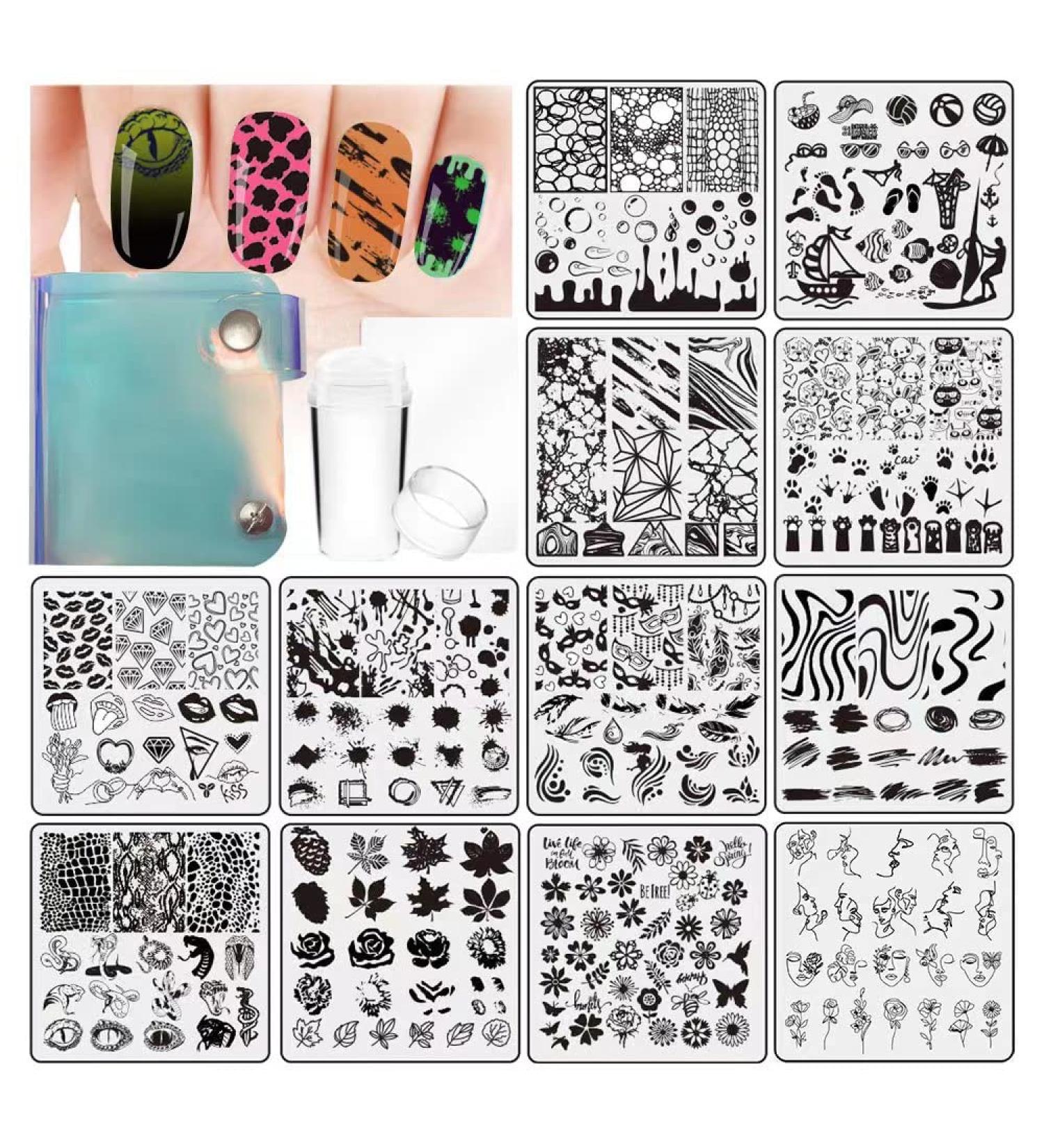VNC Nail Stamping Plates Set - 12pcs Nail Plates, 1 Stamper, 1 Scraper, Storage Bag | Nail Art Template Image Plate Stencil Nails Tool Set - Buy Online on GoSupps.com