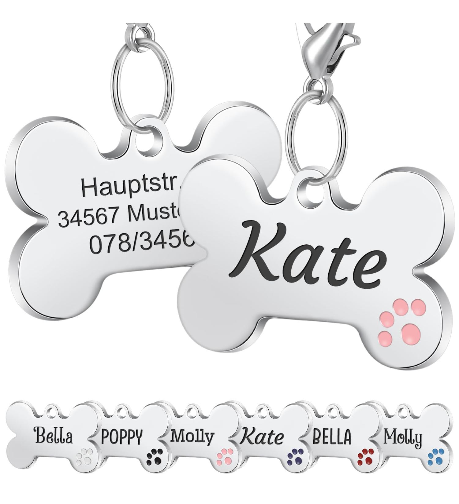 Nibana 2 Pack Personalized Pet ID Tags Dog Name Tags Engraved on Both Sides 4 Lines of Custom Text Paw Print Bone Pet Tag for Dogs Cats (Pink) - Buy Online on GoSupps.com