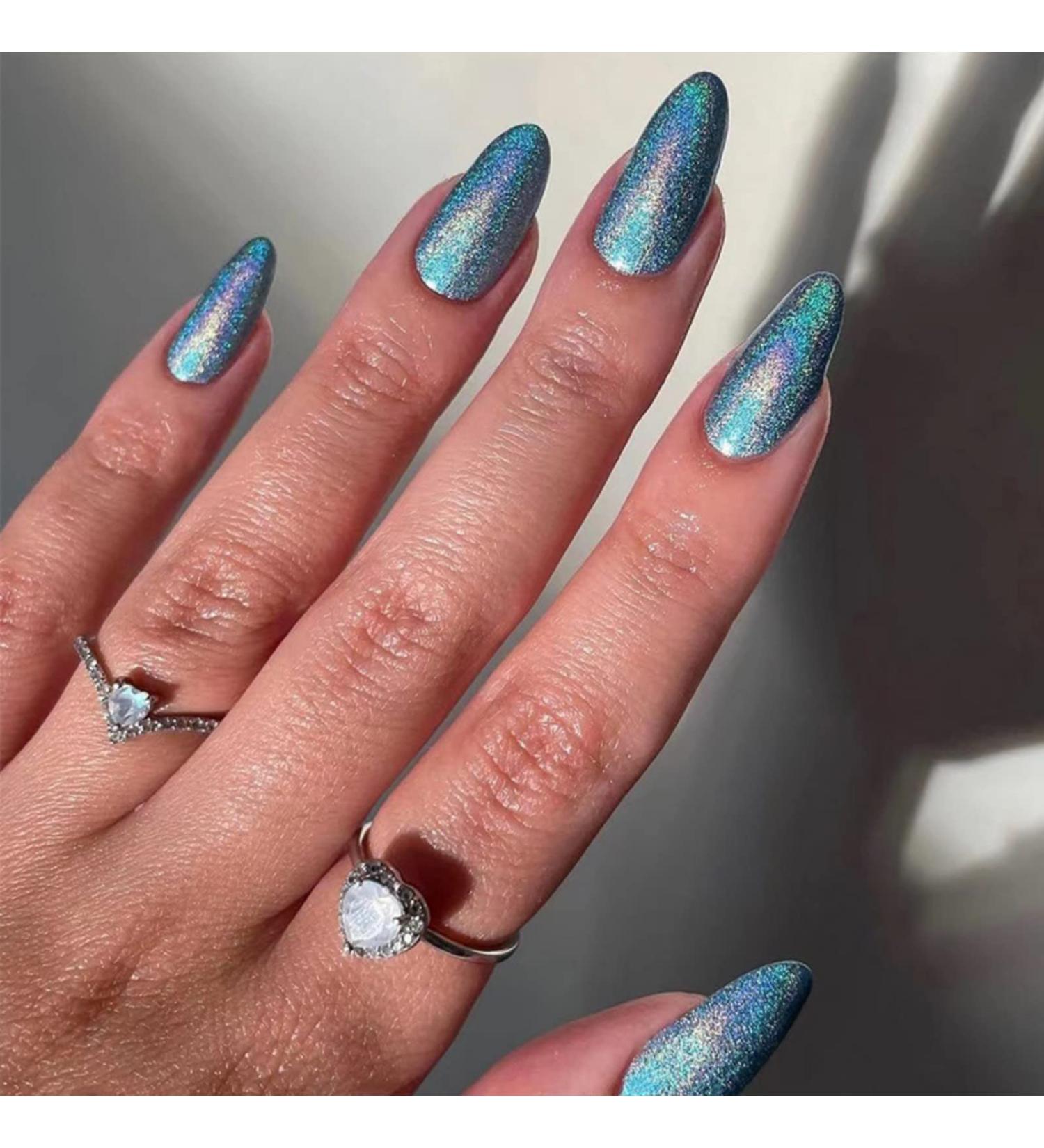 JUSTOTRY 24 Pcs Almond Glitter Aqua Blue Short False Nails - Glossy Fake Nails with Nail Glue for Women's Nail Art - Buy Online on GoSupps.com