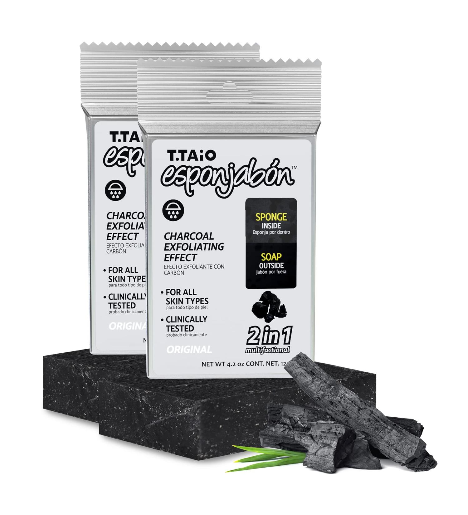 T.Taio Charcoal Soap Sponge - Cleansing Shower Scrubber & Bath Wash for Oil Removal Massage & Lather - Ideal for Face Elbow & Feet - Premium Bathroom Accessories - Buy Online on GoSupps.com