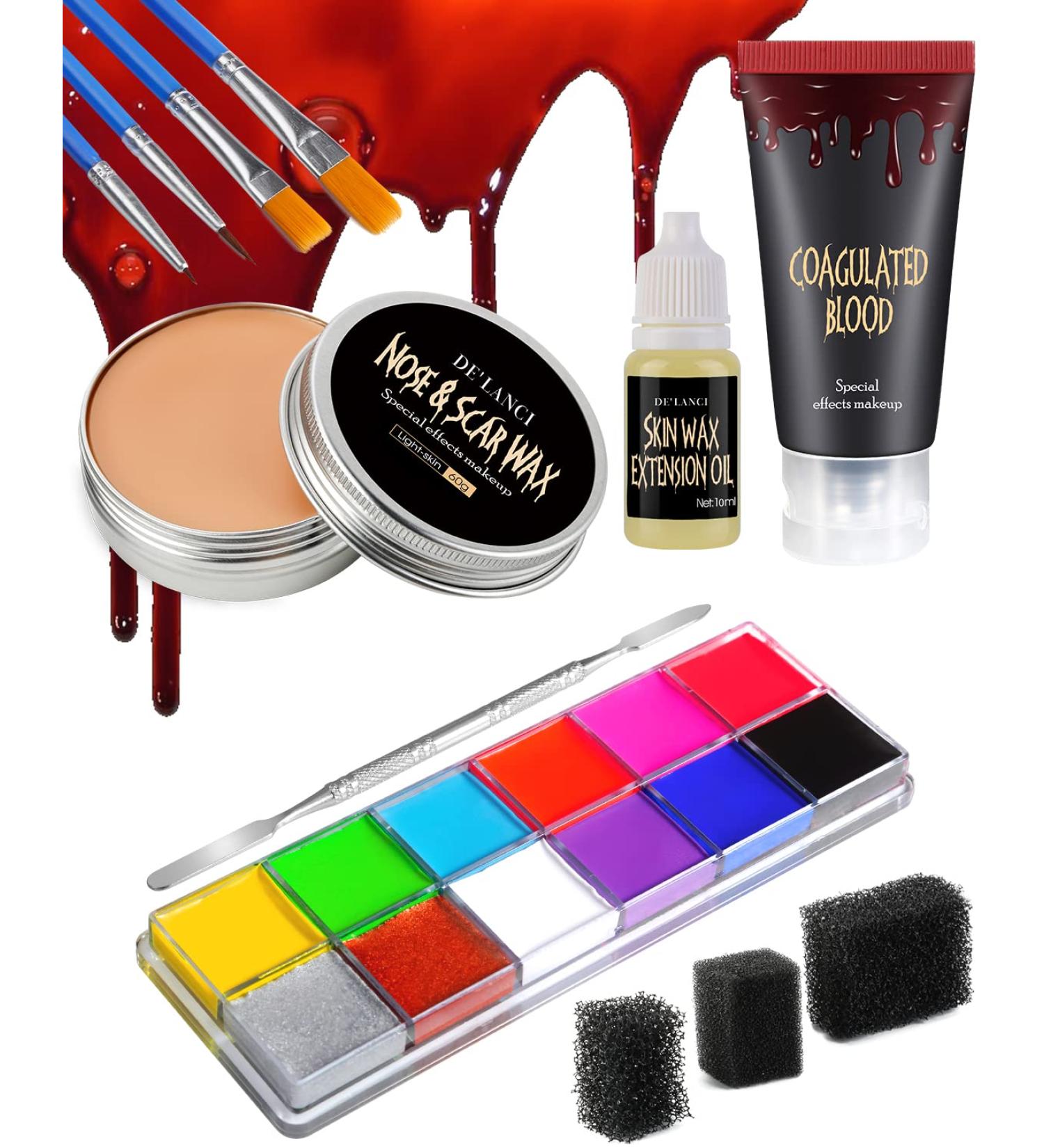 Abizoo Halloween SFX Makeup Kit - 12-in-1 Special Effects Scar Wax, Fake Blood, Skin Extension Oil, Tools & 12 Colors Palette for Kids & Adults - Buy Online on GoSupps.com