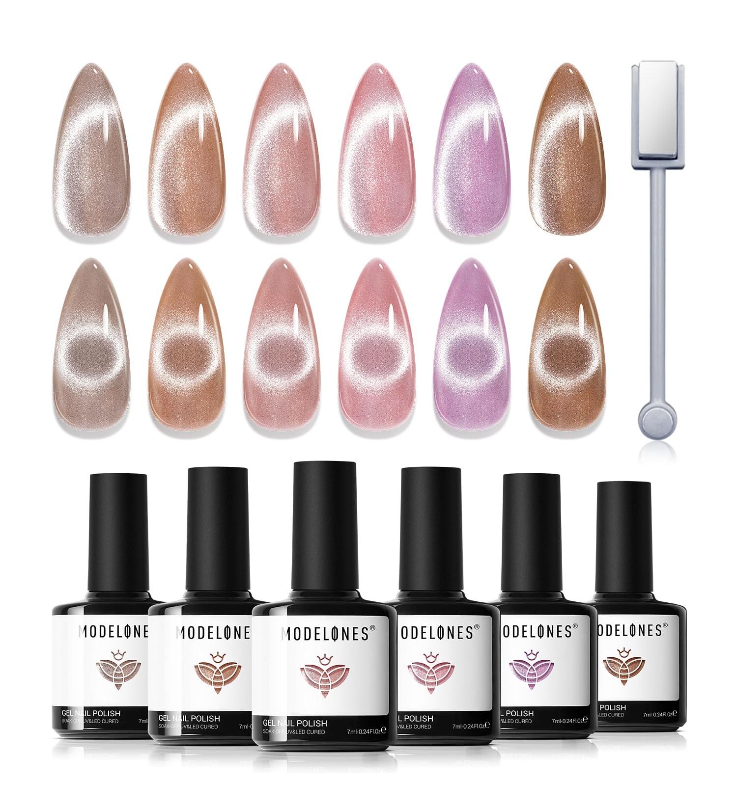 Modelones Cat Eye Gel Nail Polish Set 6 Colors Holographic Pink Purple Brown Gel Polish Glitter 9D Magnetic Gel Polish Pink Gel Polish with Magnet Nail Art DIY Salon For Women - Buy Online on GoSupps.com