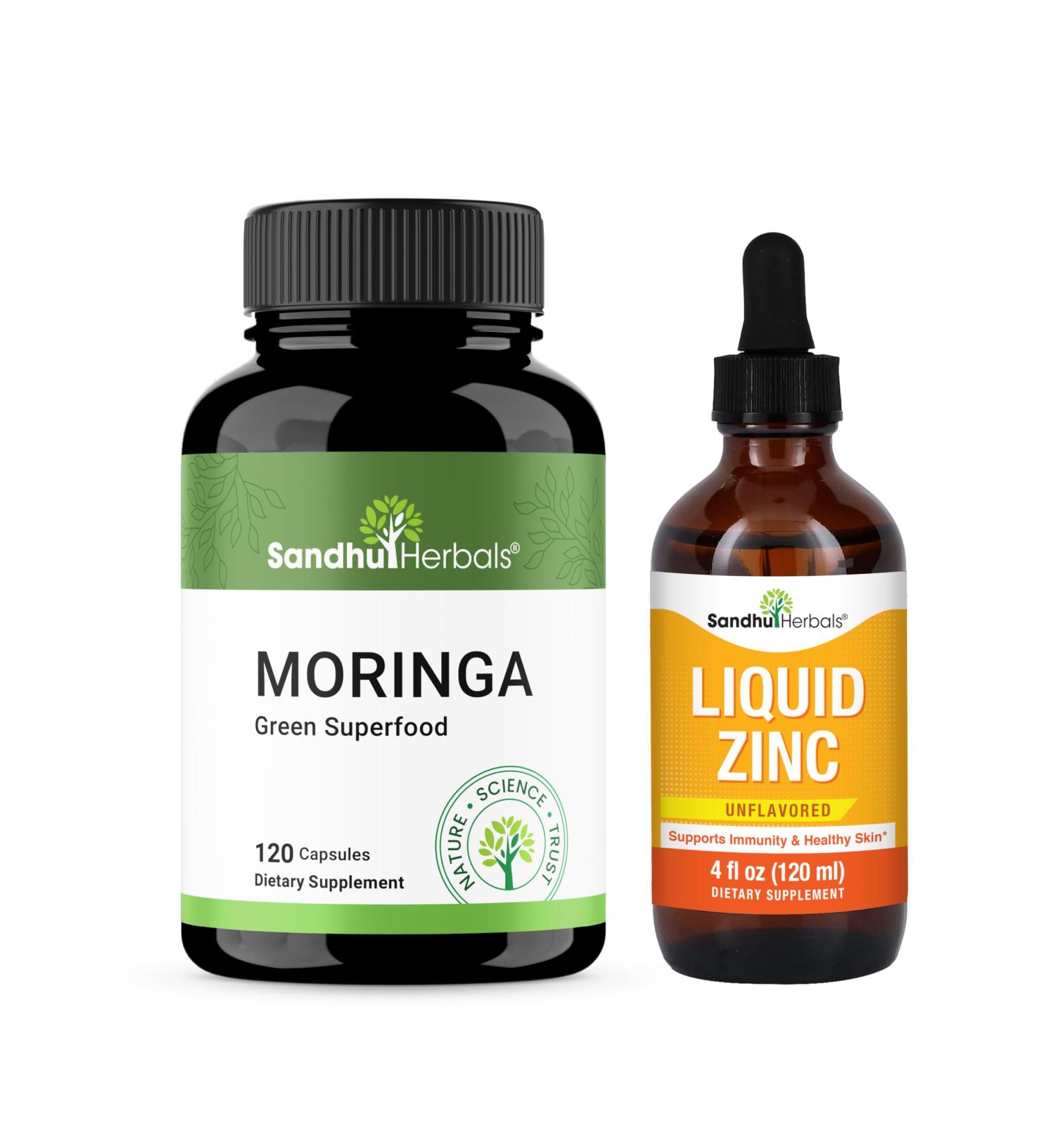 SANDHUHERBALS Moringa Capsules (120 Count) & Liquid Zinc Drops (4 Fl Oz) | Supports Immune Gut & Skin Health - Buy Online on GoSupps.com