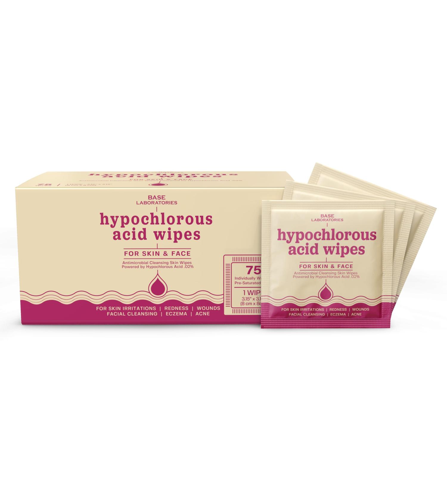 BASE LABORATORIES Hypochlorous Acid Wipes - Saline Solution Skin & Face Cleansing Wipes | Soothes Irritations Acne & Eczema | 75 Wipes Pack - Buy Online on GoSupps.com
