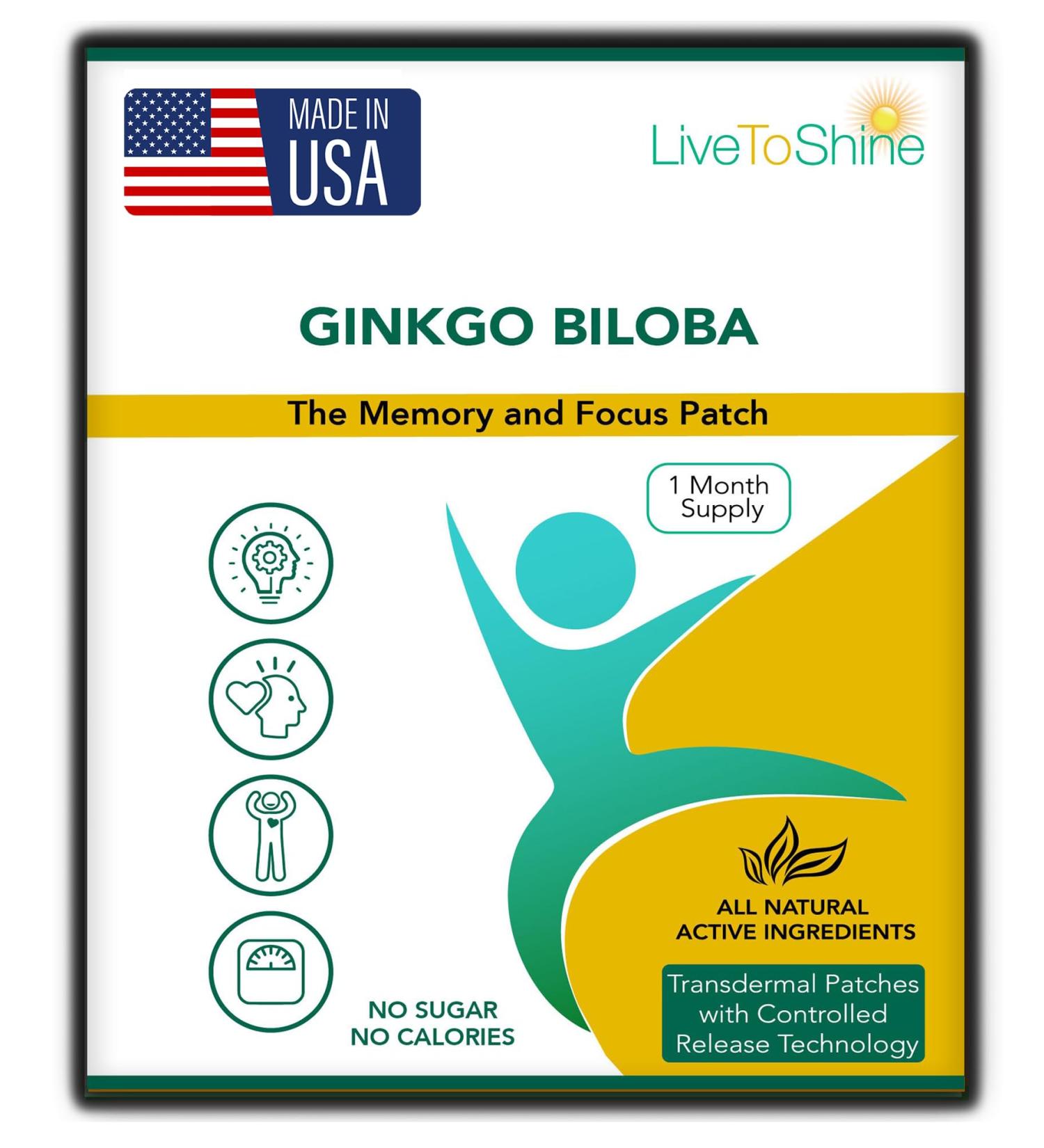 Live To Shine Ginkgo Biloba Patch - 30 Gingko Transdermal Patches - One Month Supply for Women and Men - USA Made - Buy Online on GoSupps.com