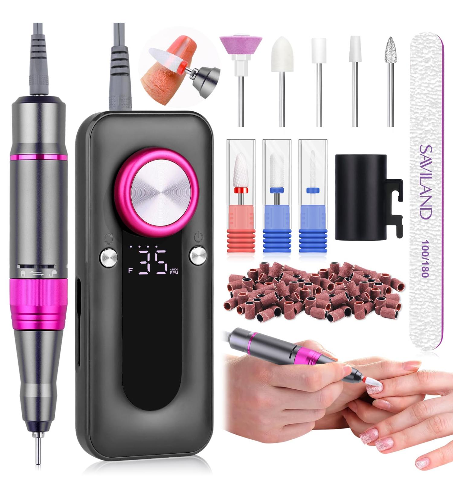 Saviland Professional Electric Nail Drill Kit - 35000 RPM Rechargeable File with 8 Bits & 50 Sanding Bands for Manicure Pedicure - Nail Art Remover for Salon Manicurists - Buy Online on GoSupps.com