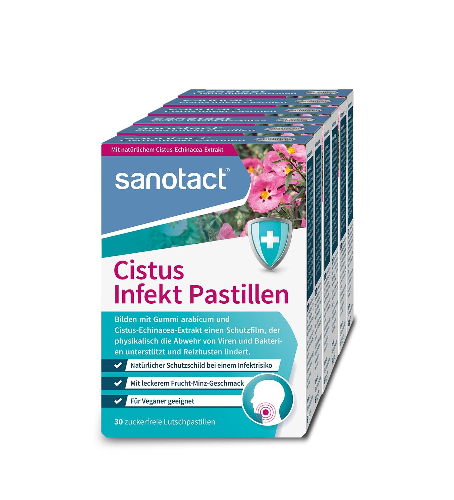Sanotact Cistus Infect Pastilles - Cistus-Echinacea Lollipops for Virus & Bacteria Defense - 180 Pack (6 x 30) - Relief for Cough & Irritation - Fruit Mint Flavor - Buy Online on GoSupps.com