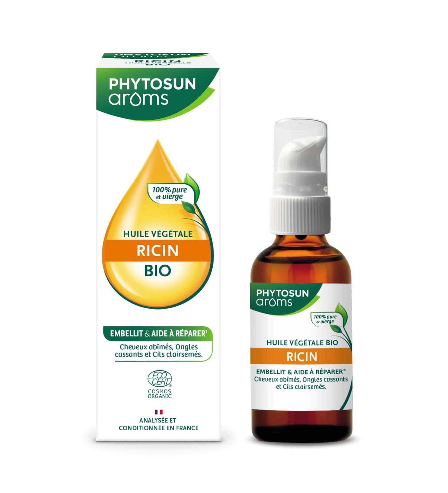 PHYTOSUN AROMS - Organic Castor Vegetable Oil - 100% pure and virgin - helps repair damaged hair, beautifies brittle nails and sparse eyelashes - 50 mL