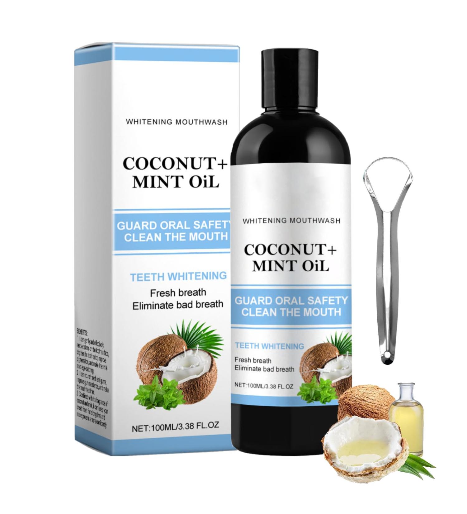 Mouth Pulling Oil with Coconut and Peppermint Oil, For Fresh Breath, Teeth Whitening and Healthier Teeth and Healthy Gums, Alcohol-Free With Tongue Scraper Included (m, 1PC)