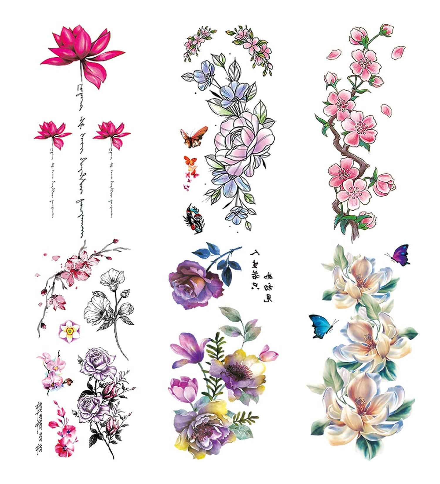 Yesallwas 6 Sheet Temporary Tattoo Sticker Set - Flowers Rose Lotus Butterfly Design - Waterproof and Long Lasting Body Art for Women and Girls - Buy Online on GoSupps.com
