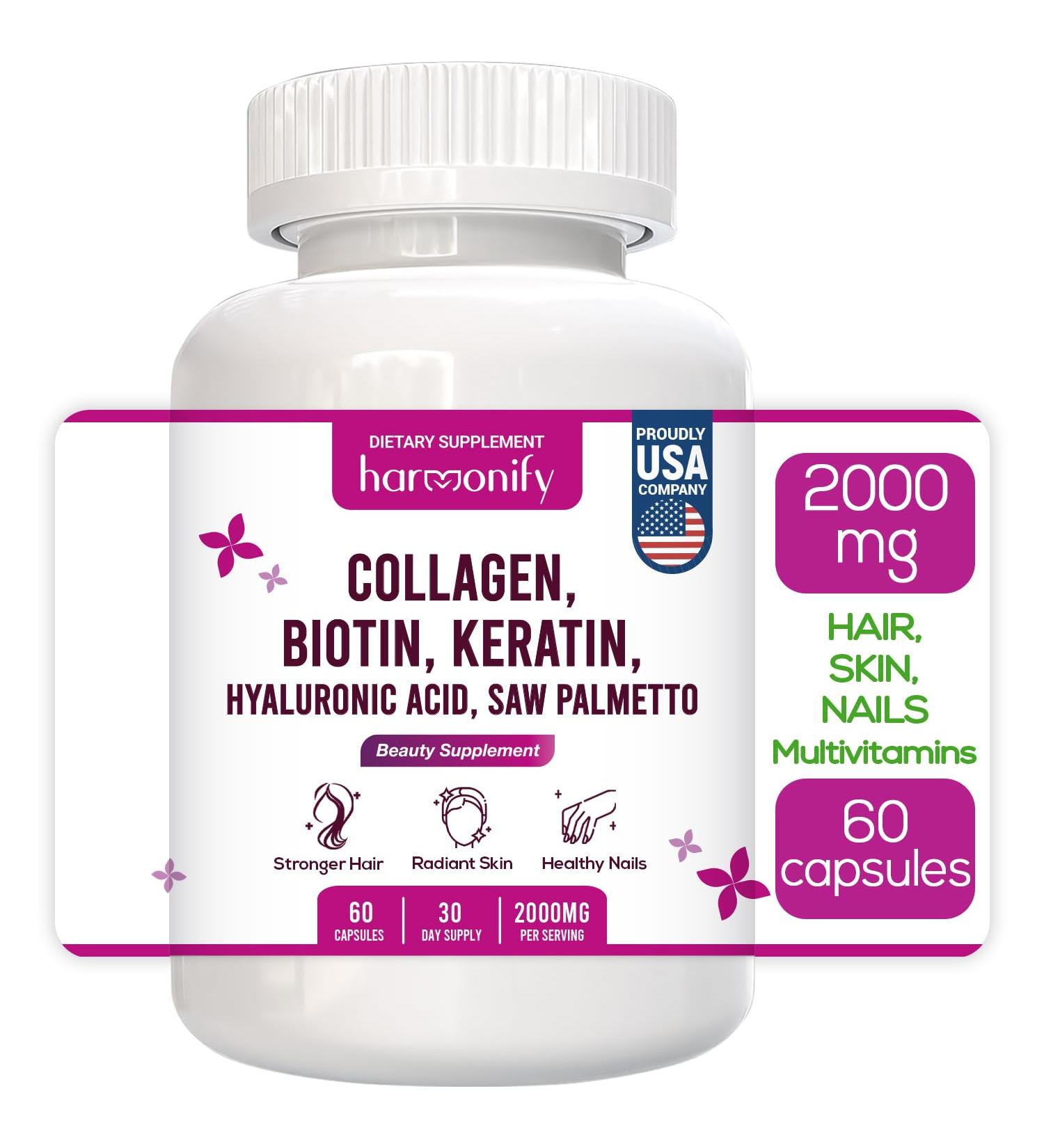 HARMONIFY Collagen Biotin Keratin Hyaluronic Acid Complex Supplement with Vitamin E, Folic Acid, Pumpkin Seed and MSM, 60 Capsules, 1000 mg - Buy Online on GoSupps.com