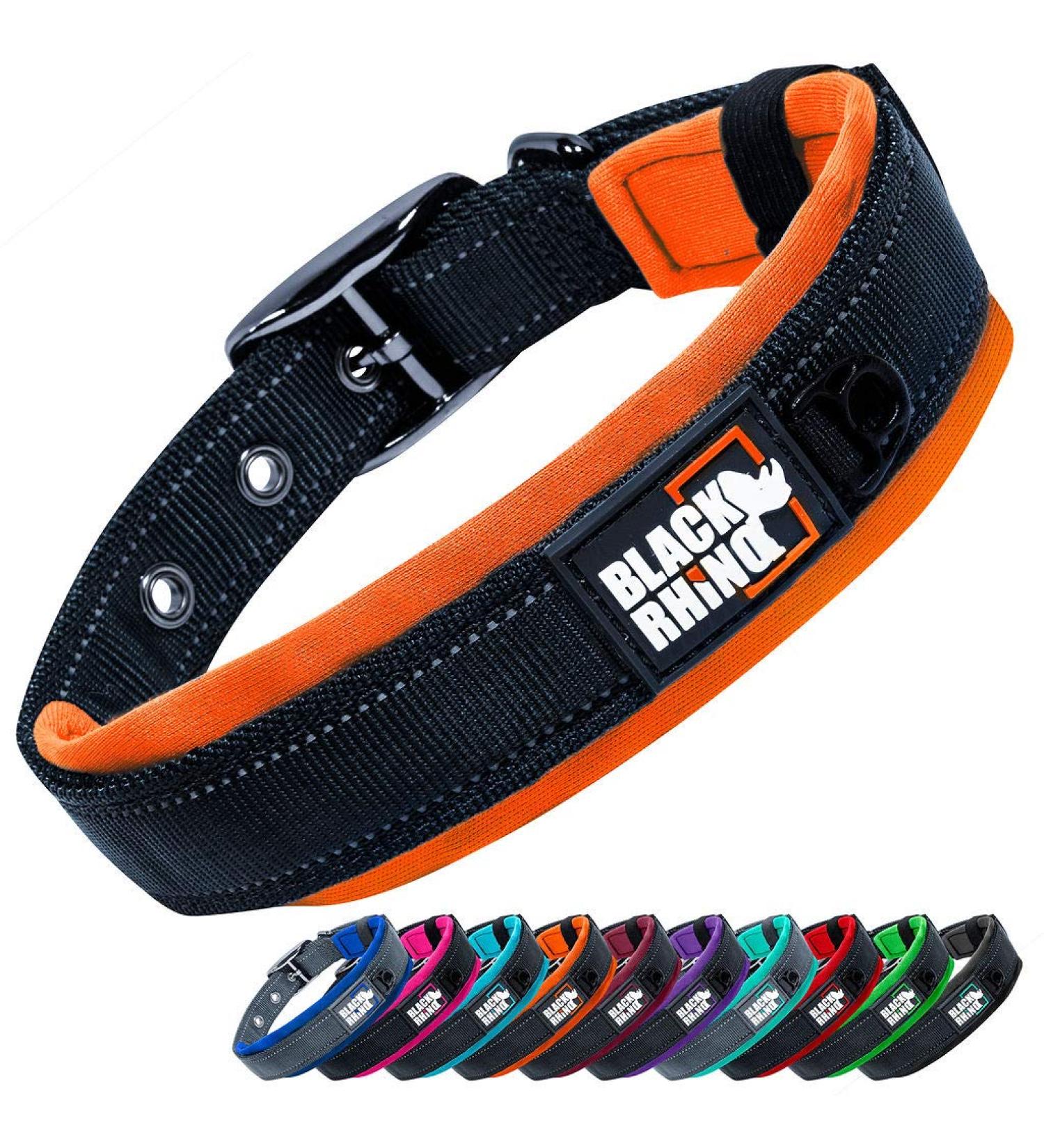 Black Rhino Comfort Collar | Neoprene Padded Dog Collar for All Breeds | Adjustable Reflective Weatherproof - Medium Orange/Black - Buy Online on GoSupps.com