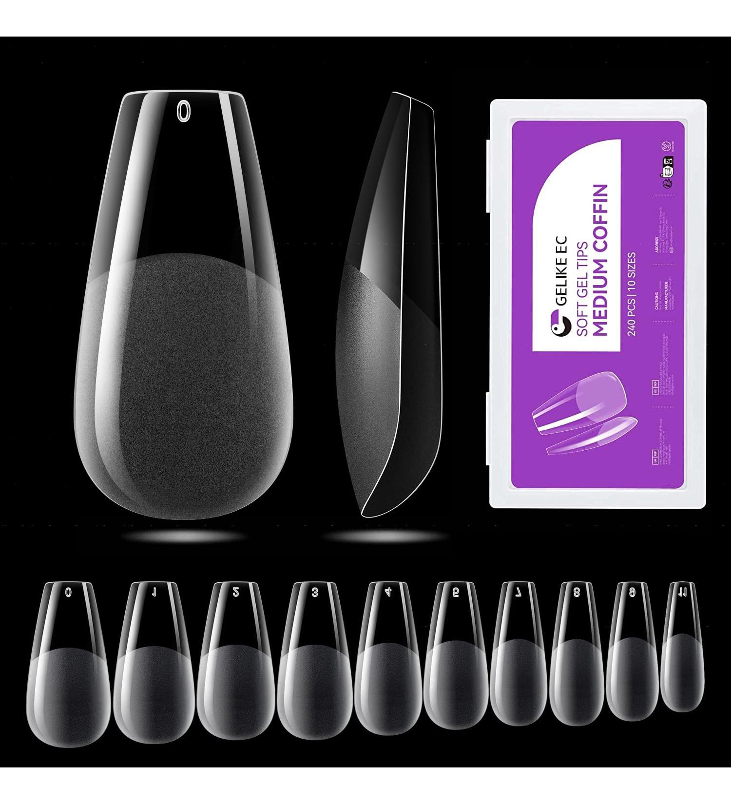 Gelike EC Medium Coffin Nail Tips - 240PCS | Soft Gel Full Cover Nail Extensions | Coffin Shaped | Pre-Etched | PMMA Resin Clear False Nails - Buy Online on GoSupps.com