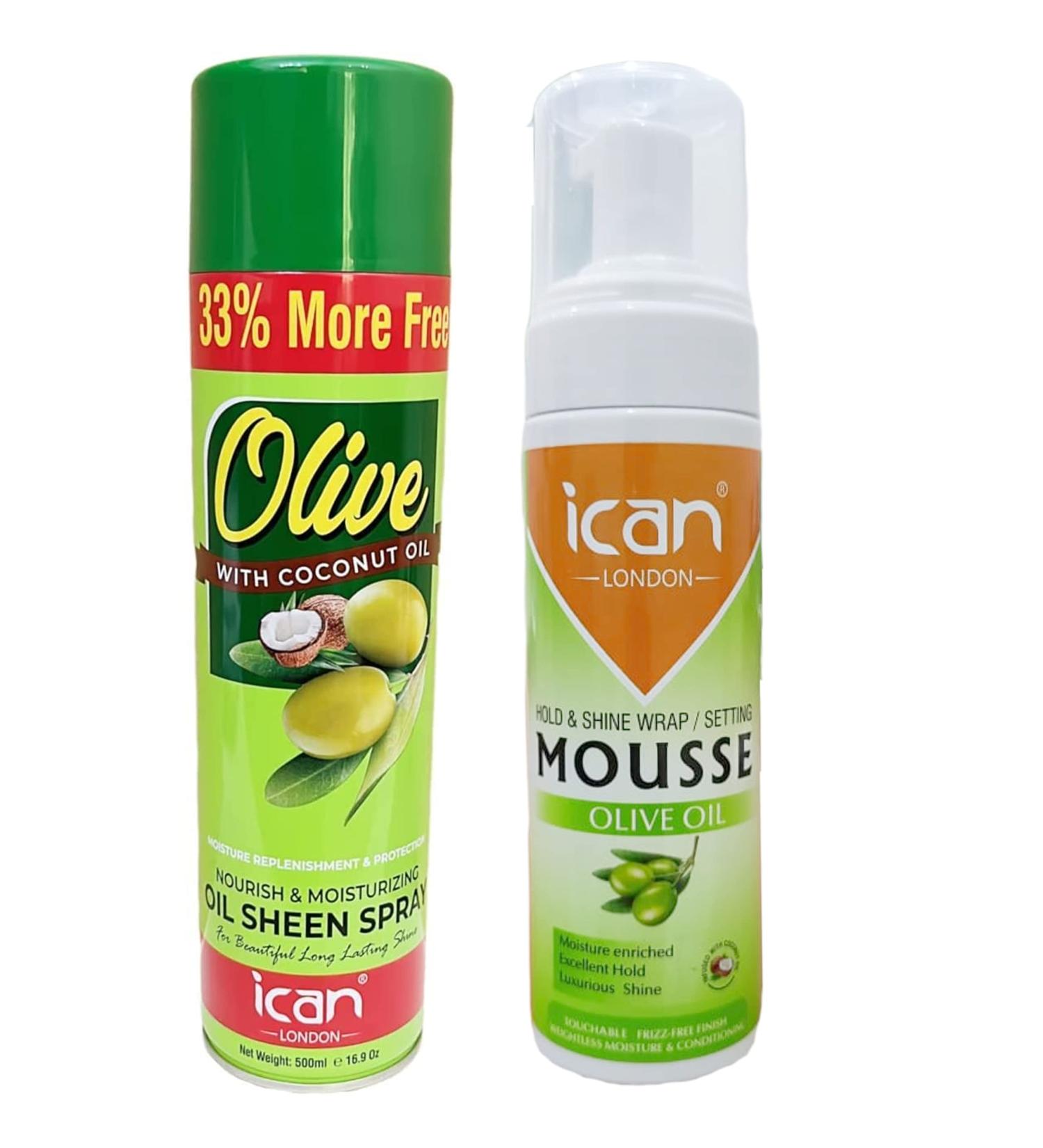 Set of ican London Olive Oil Moisturizing Sheen Spray With Coconut Oil 500ml + ican Olive Oil Hold & Shine Wrap Set Mousse 207ml