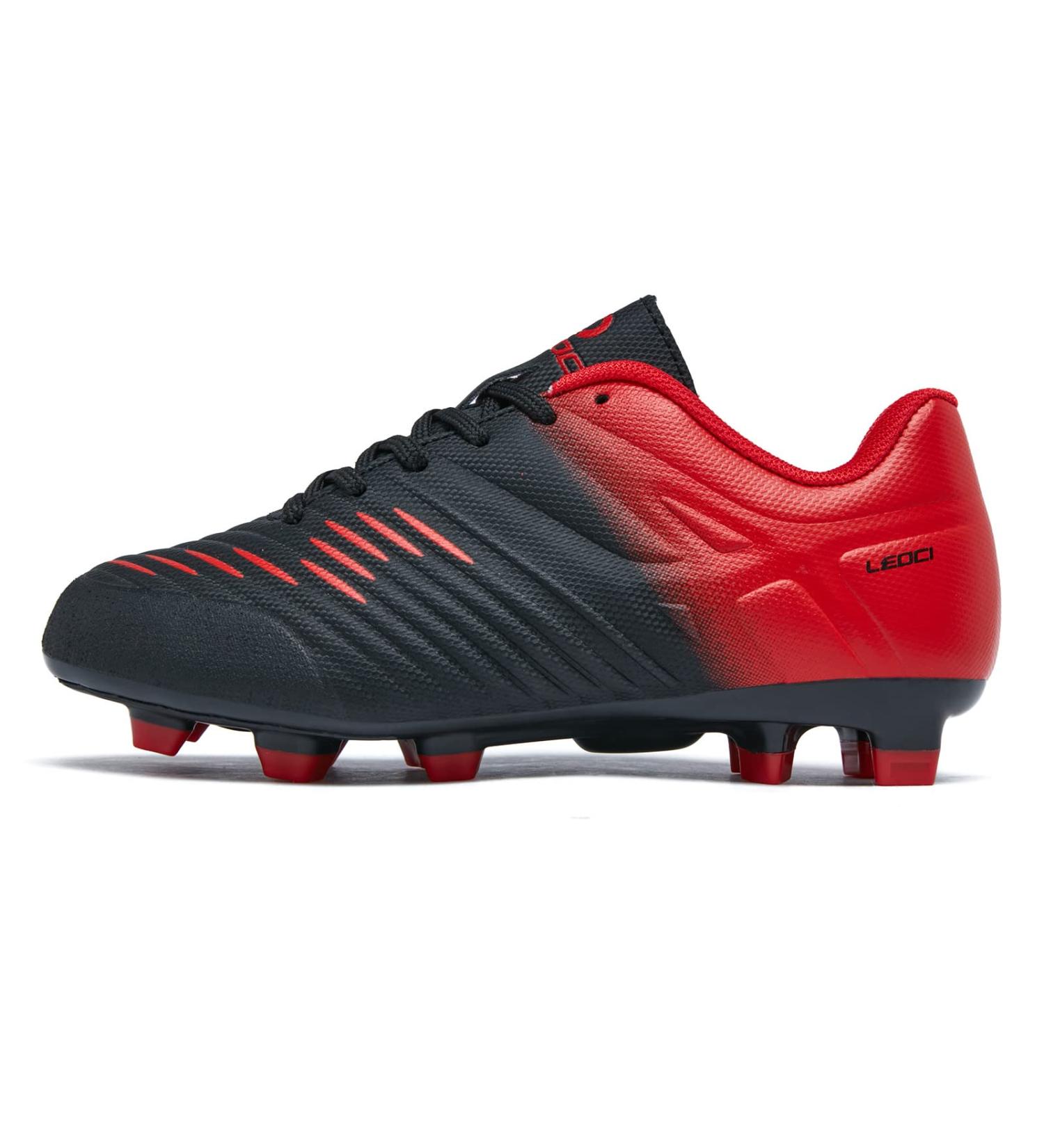 LEOCI Soccer Shoes for Kids - Firm Ground Football Boots for Boys & Girls | Size 32 EU | Black & Red - Buy Online on GoSupps.com